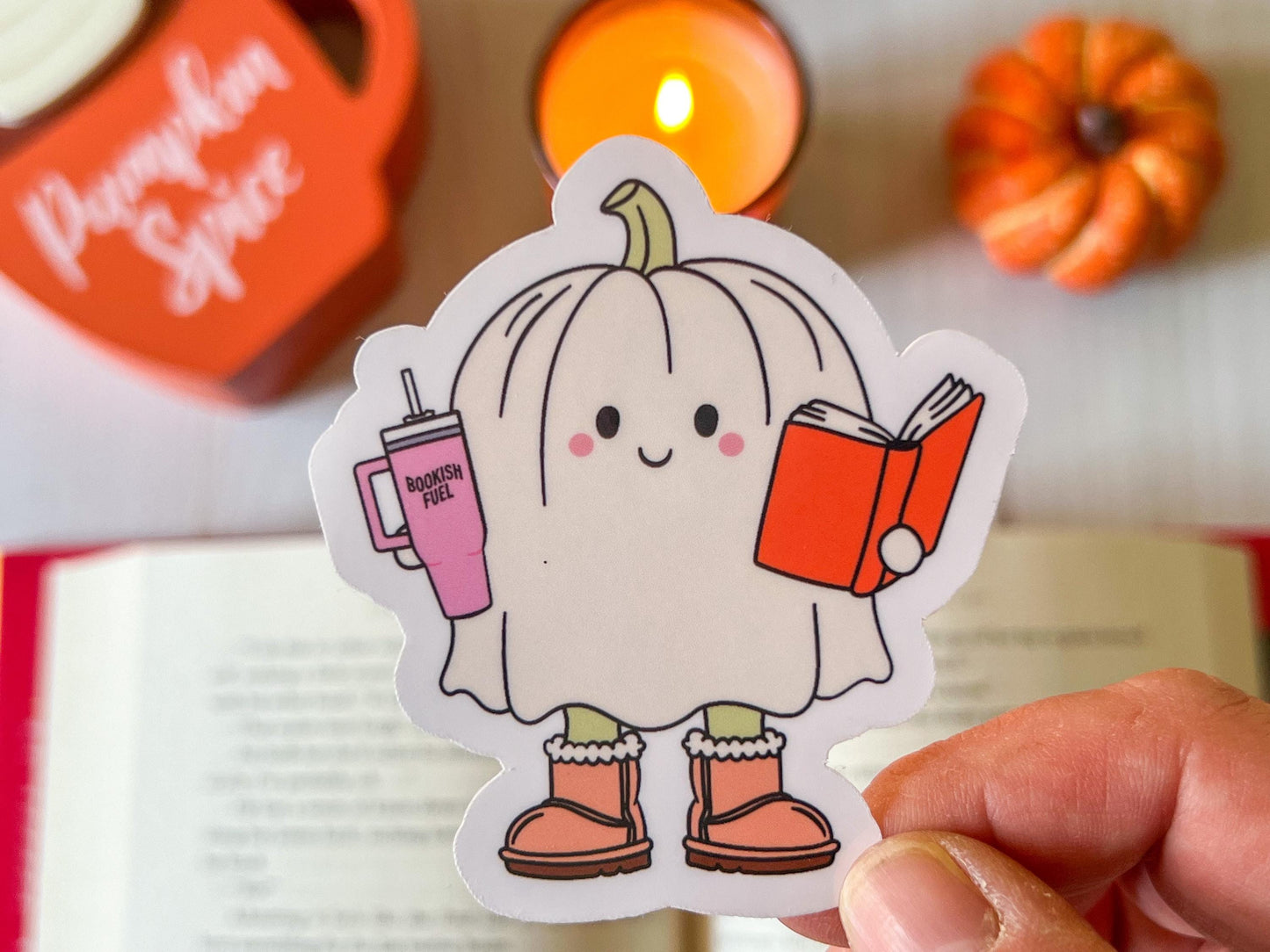 Pumpkin Ghost Reading Bookish Fuel Fall Vinyl Sticker