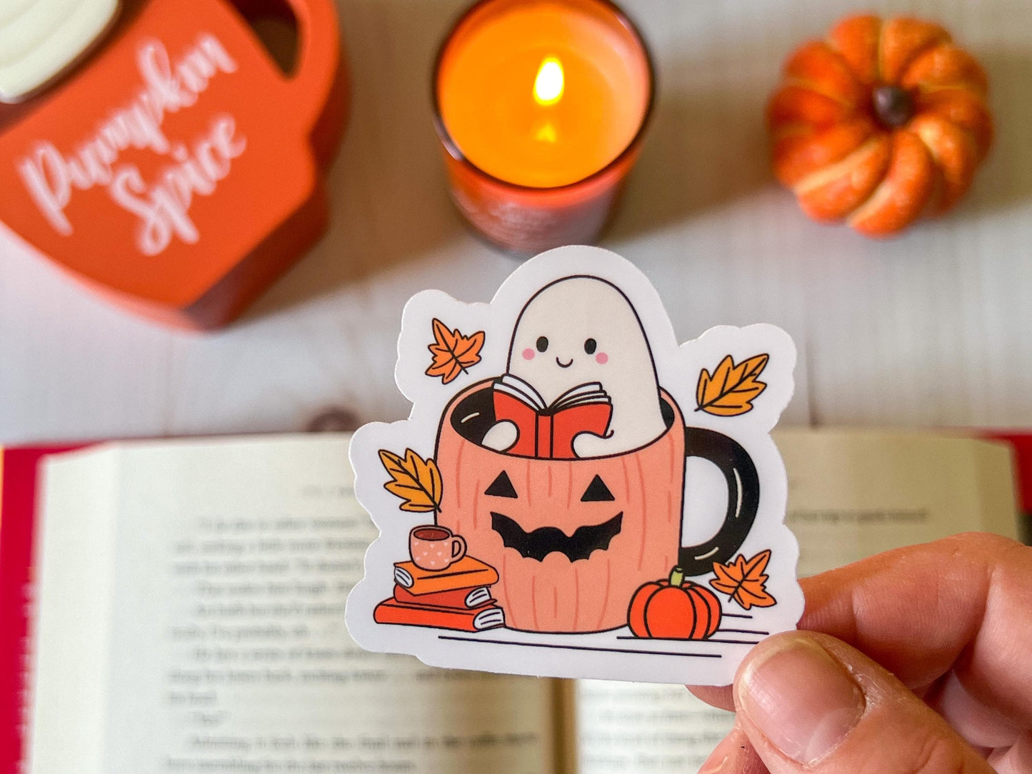Ghost Reading in Pumpkin Coffee Mug Fall Cozy Vinyl Sticker