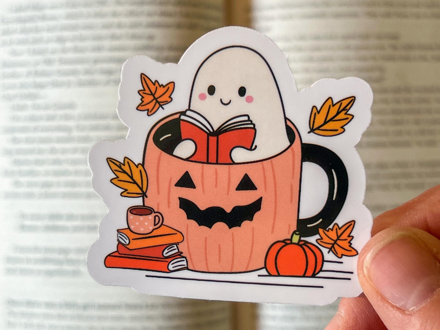 Ghost Reading in Pumpkin Coffee Mug Fall Cozy Vinyl Sticker