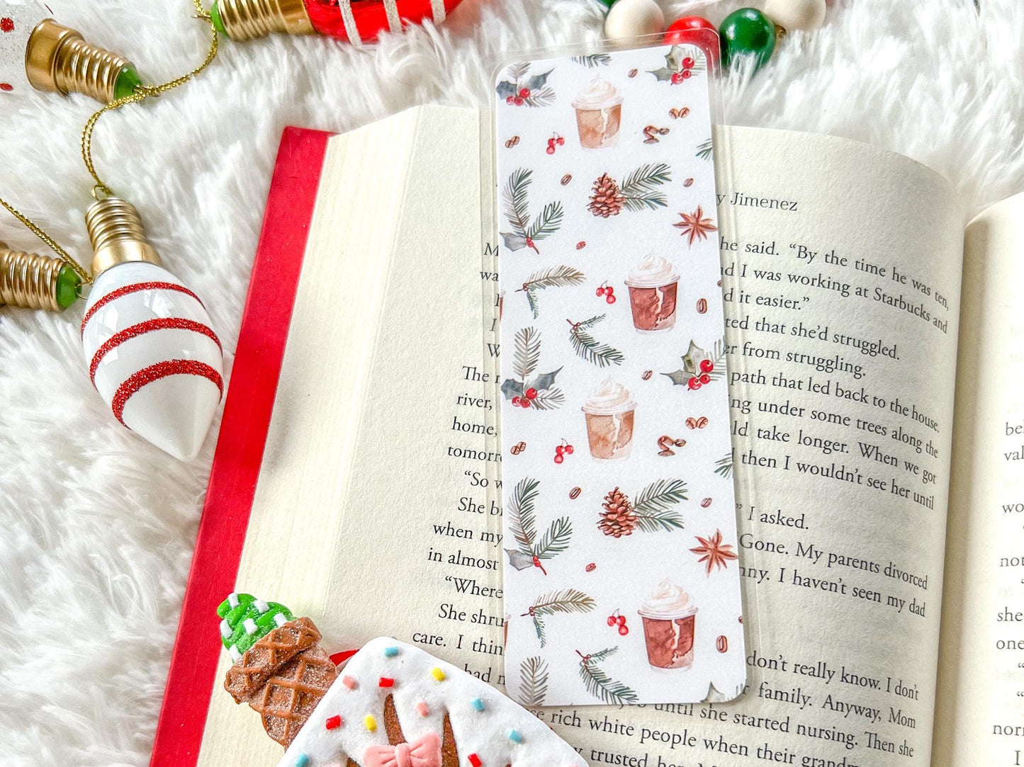 Christmas Coffee Bookmark | Christmas Bookmark | Winter Bookmark | Gift for Reader | Pine Cones & Holly Bookmark