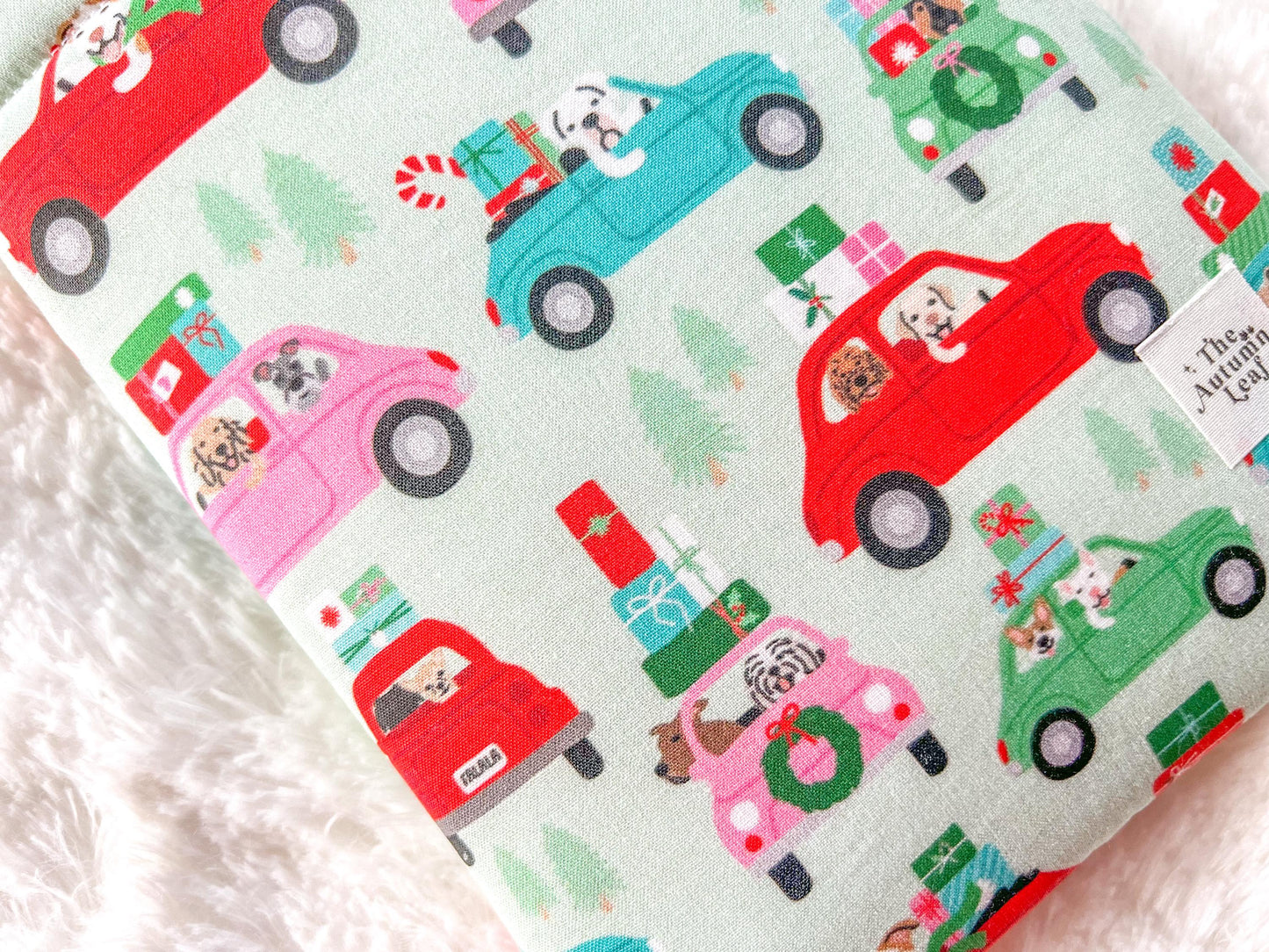 Dogs in Red Cars Christmas Shopping Book Cozy | Christmas Book Cover | Christmas Book Protector | Dog Book Cover | Cozy Book Cover