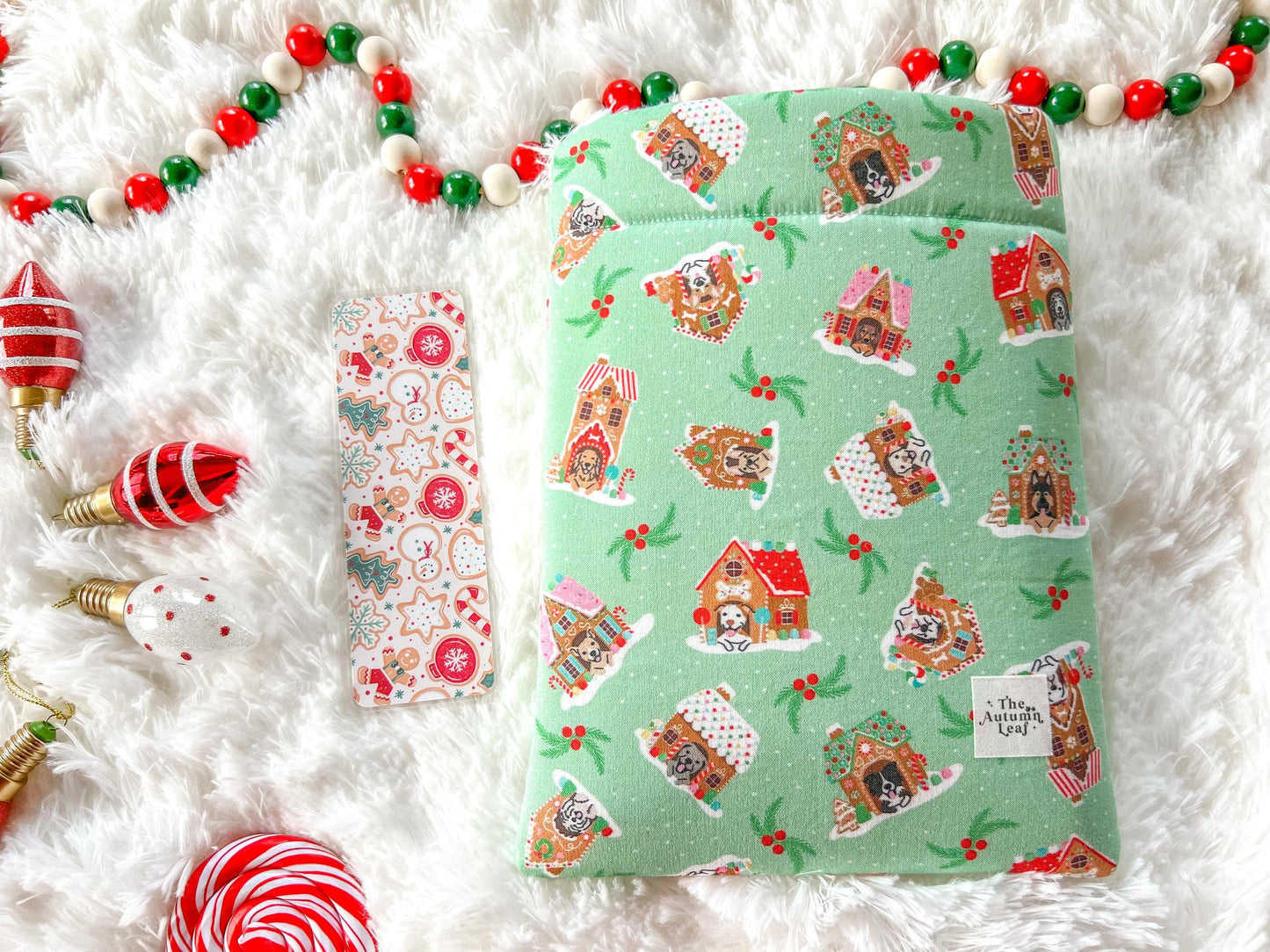 Gingerbread Dog Houses Dogs Christmas Book Cozy | Christmas Book Cover | Christmas Book Protector | Dog Book Cover | Cozy Book Cover