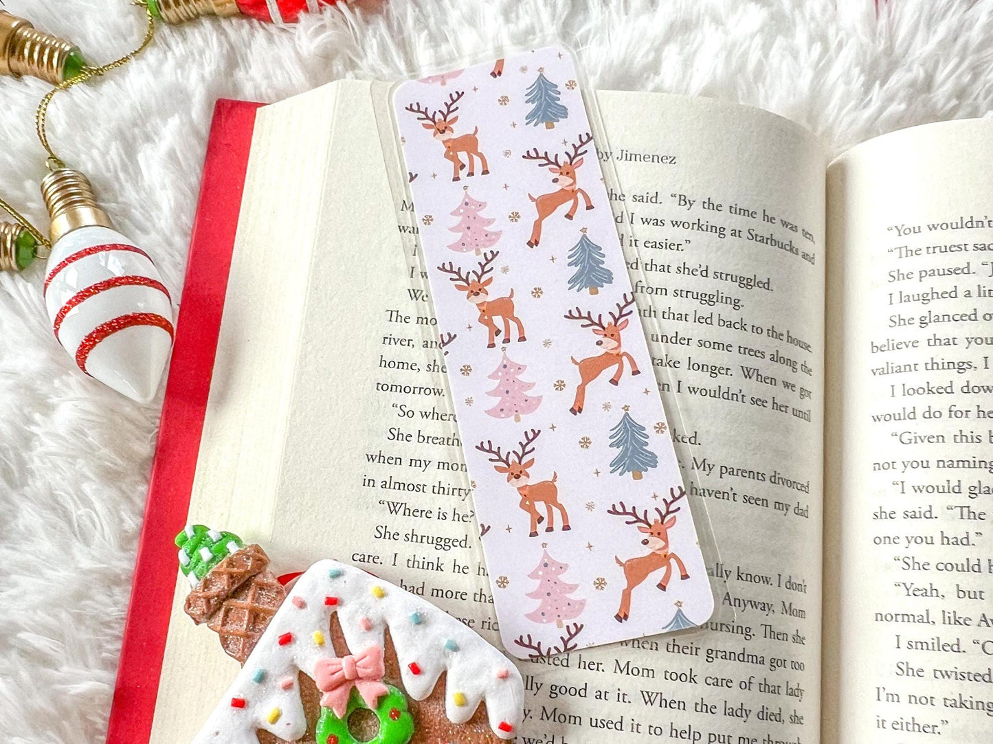 Pink Christmas Reindeer Bookmark | Christmas Bookmark | Snow Bookmark | Holiday Bookmark | Bookworm Gift | Gift for Reader | Winter Bookmark