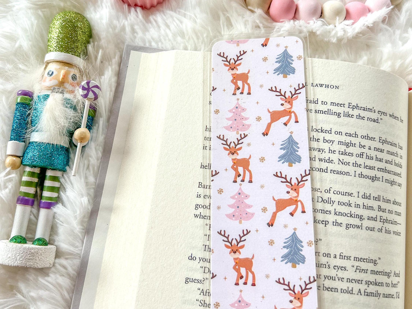 Pink Christmas Reindeer Bookmark | Christmas Bookmark | Snow Bookmark | Holiday Bookmark | Bookworm Gift | Gift for Reader | Winter Bookmark