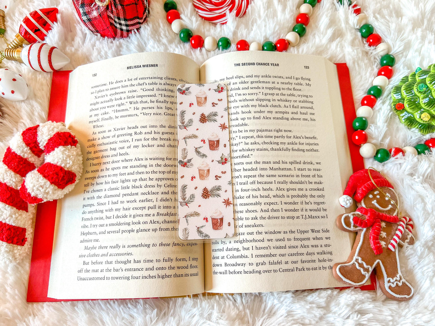 Christmas Coffee Bookmark | Christmas Bookmark | Winter Bookmark | Gift for Reader | Pine Cones & Holly Bookmark