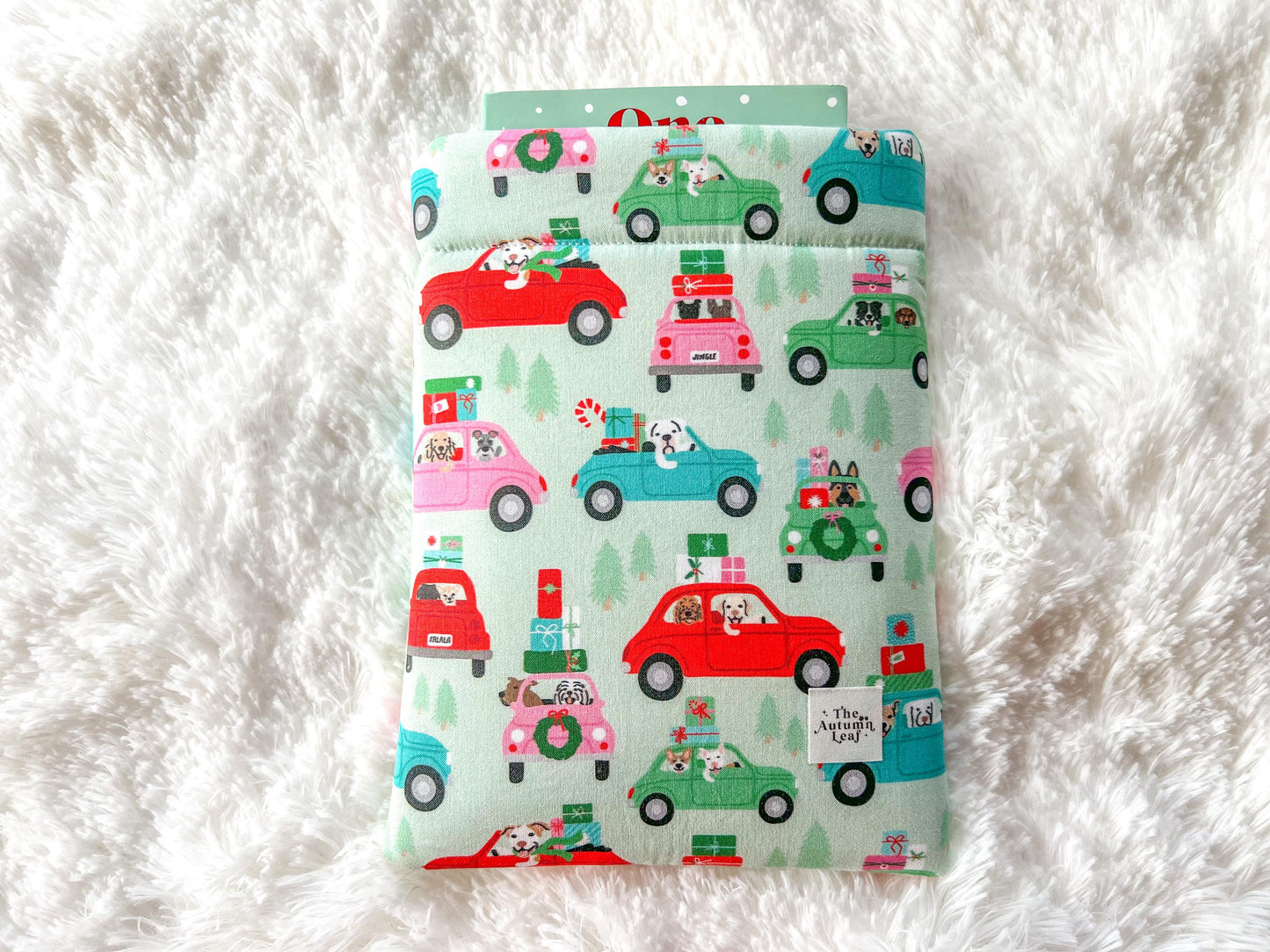 Dogs in Red Cars Christmas Shopping Book Cozy | Christmas Book Cover | Christmas Book Protector | Dog Book Cover | Cozy Book Cover