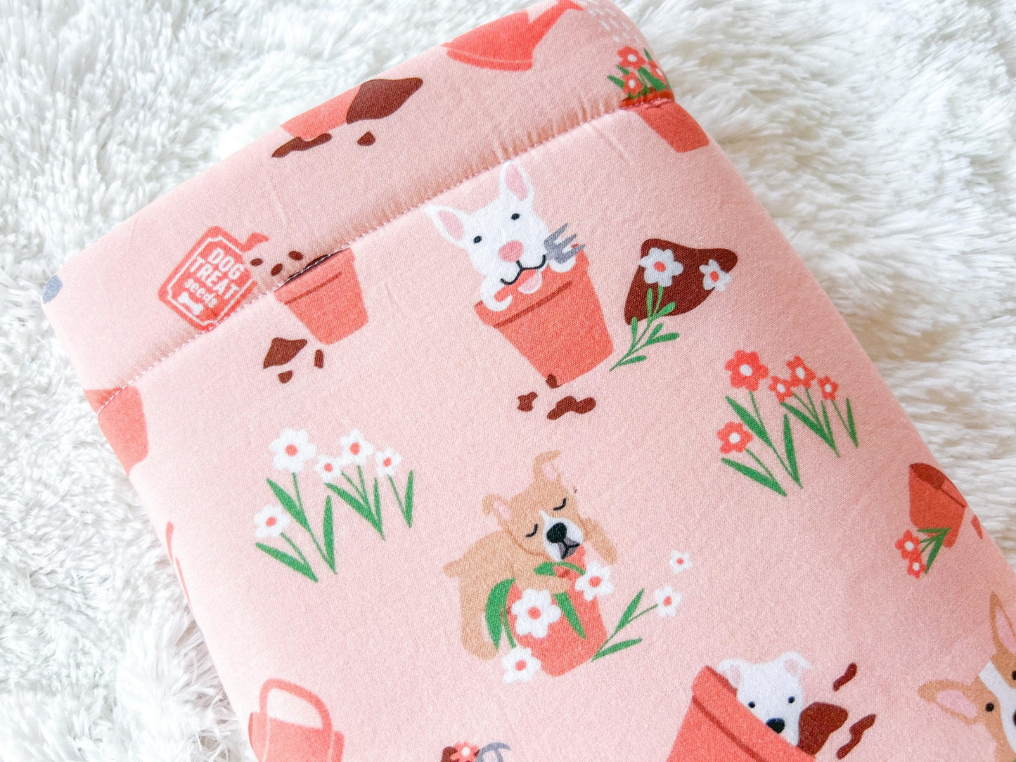 Summer Dogs In Plants Book Cover | Padded Book Cover | Book Holder | Book Pouch | Book Protector | Book Lover Gift | Dog Lover Gift