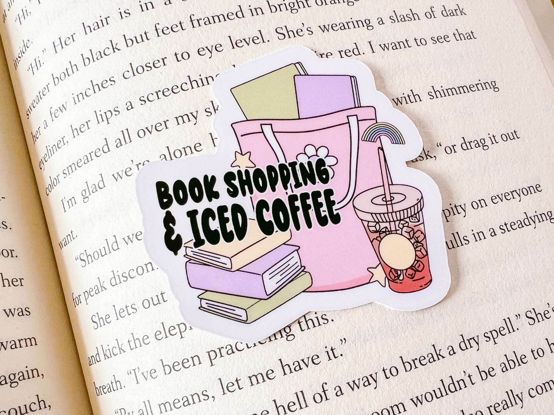 Book Shopping & Iced Coffee Sticker | Reader Sticker | Gift For Reader | Coffee Sticker | Die Cut Sticker | Book Sticker