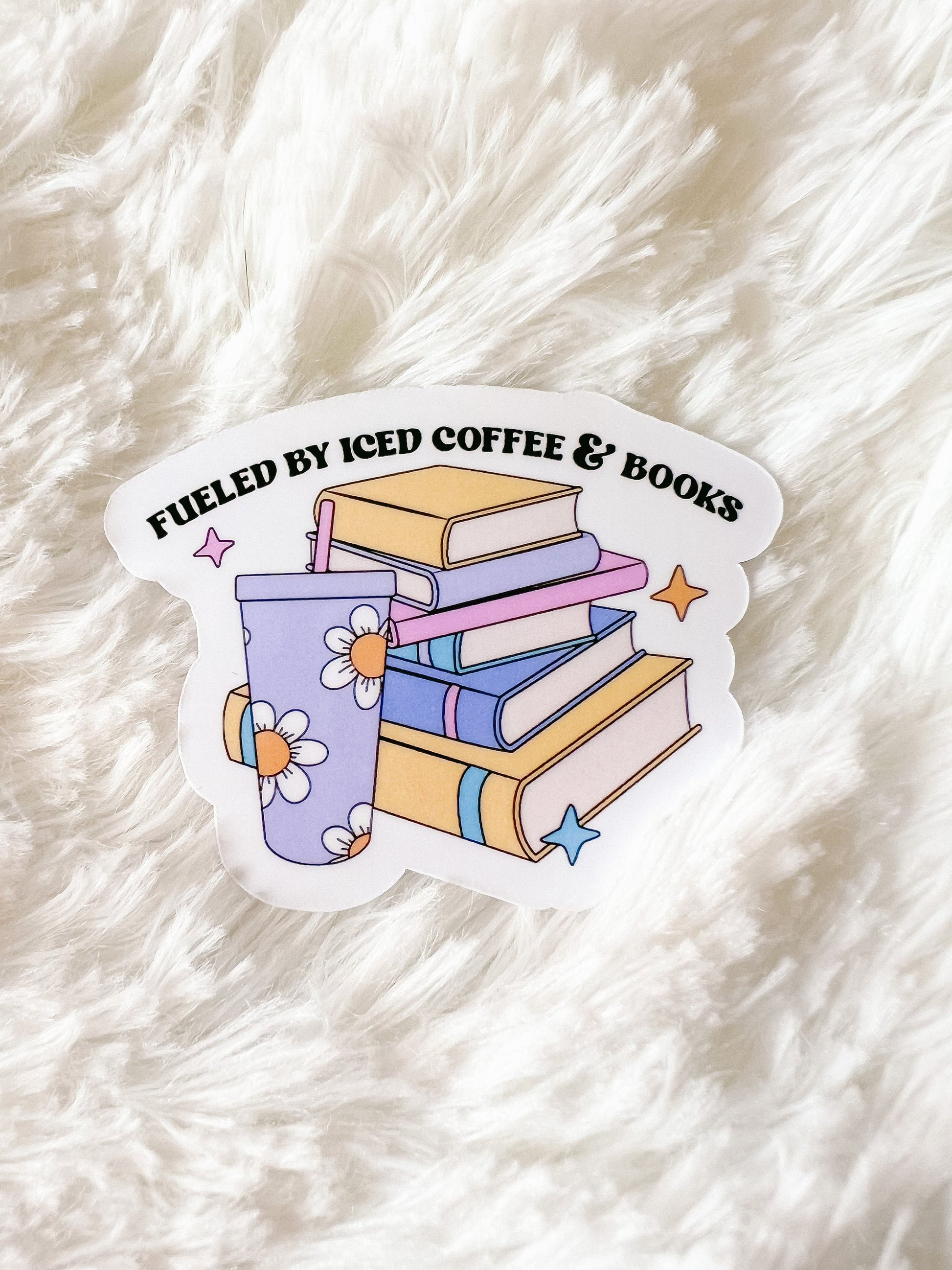Fueled by Iced Coffee & Books Sticker | Reader Sticker | Book Stack Sticker | Gift For Reader | Coffee Sticker | Die Cut Sticker