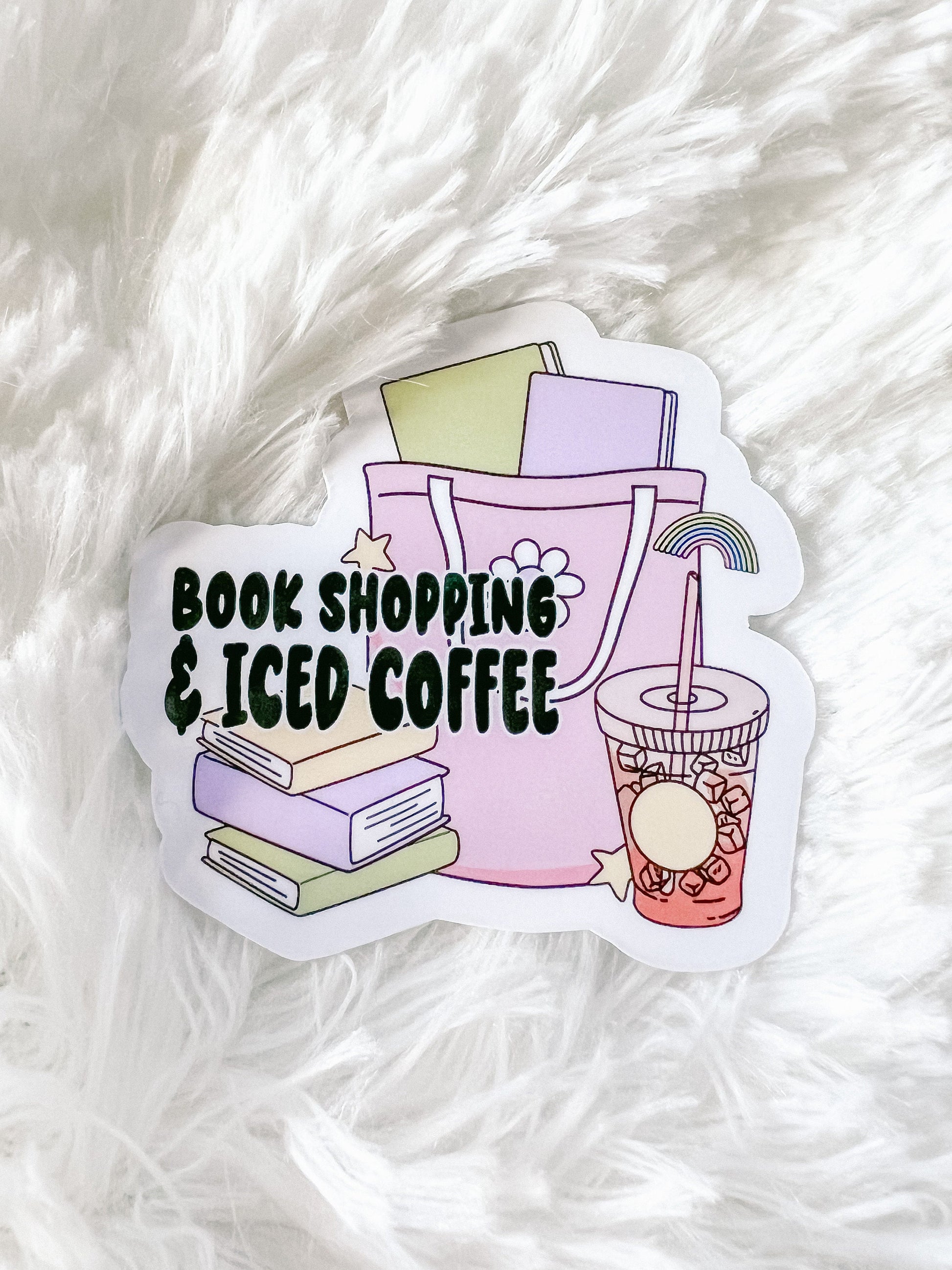Book Shopping & Iced Coffee Sticker | Reader Sticker | Gift For Reader | Coffee Sticker | Die Cut Sticker | Book Sticker