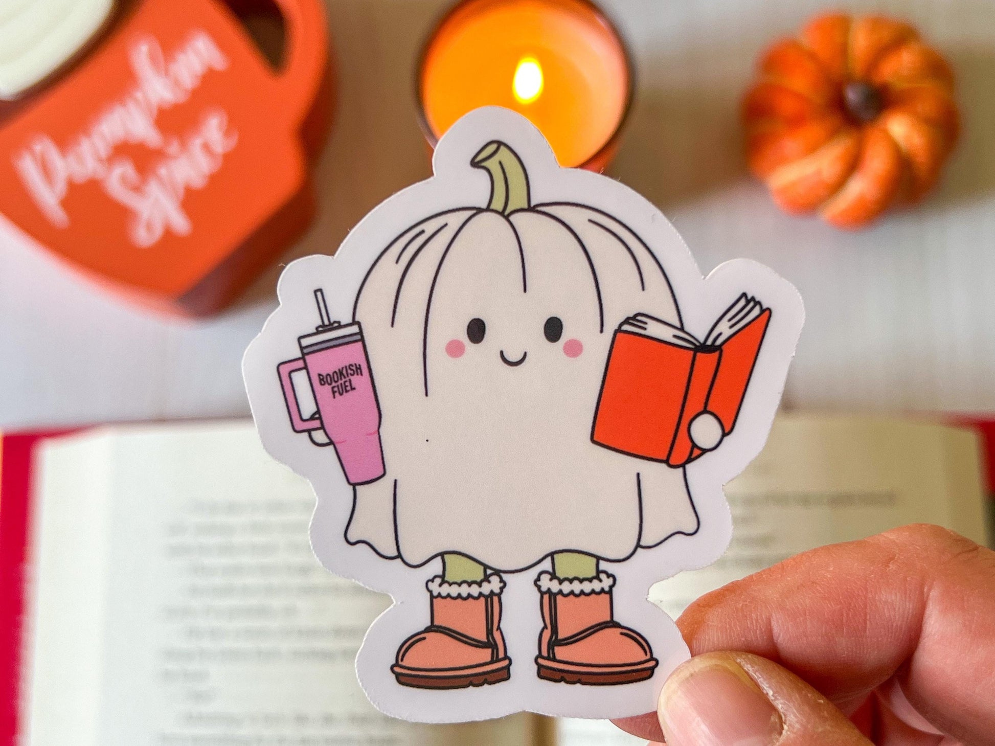 Pumpkin Ghost Reading Bookish Fuel Fall Vinyl Sticker