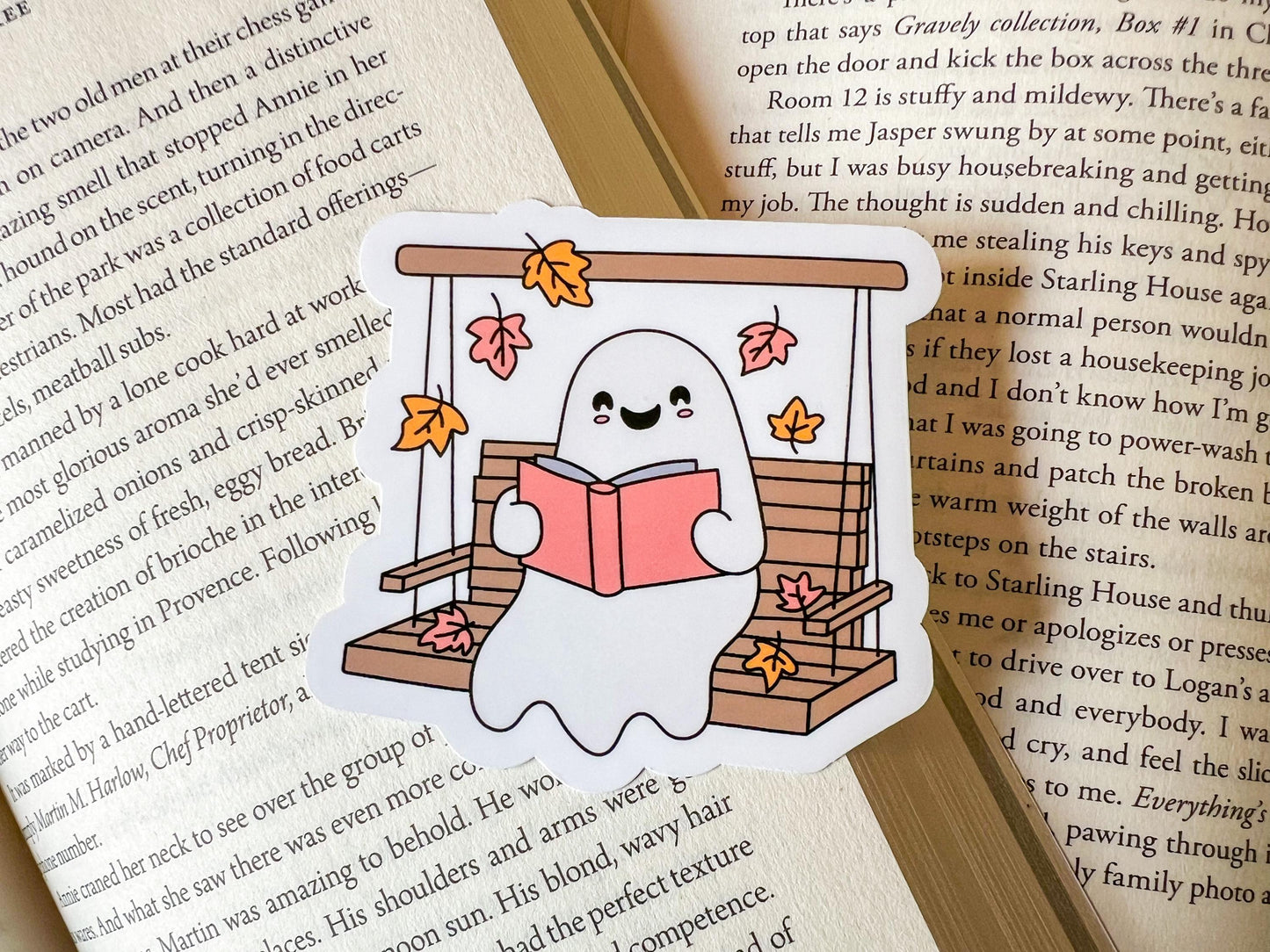 Ghost Reading on Porch Swing Fall Cozy Vinyl Sticker