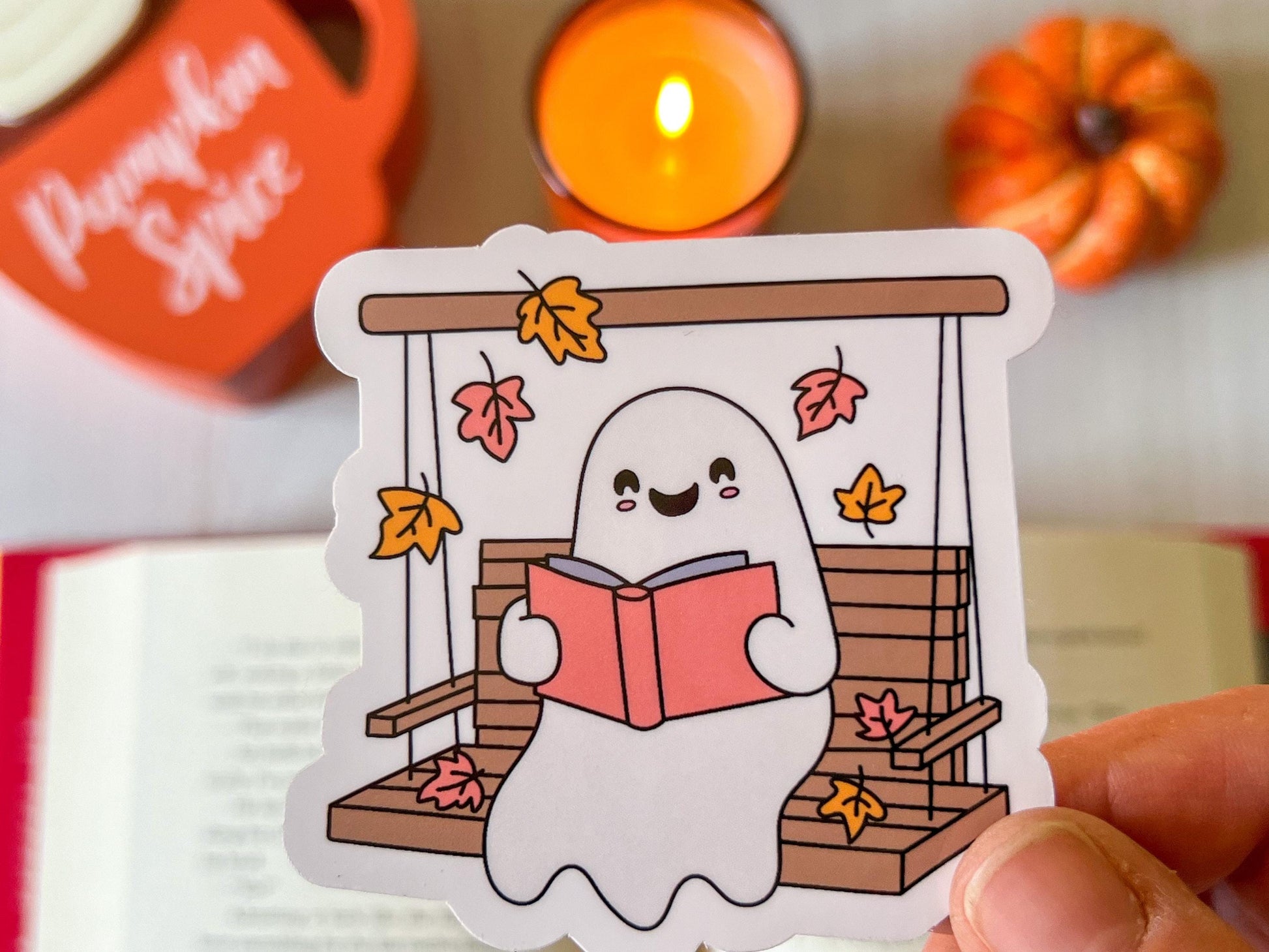 Ghost Reading on Porch Swing Fall Cozy Vinyl Sticker