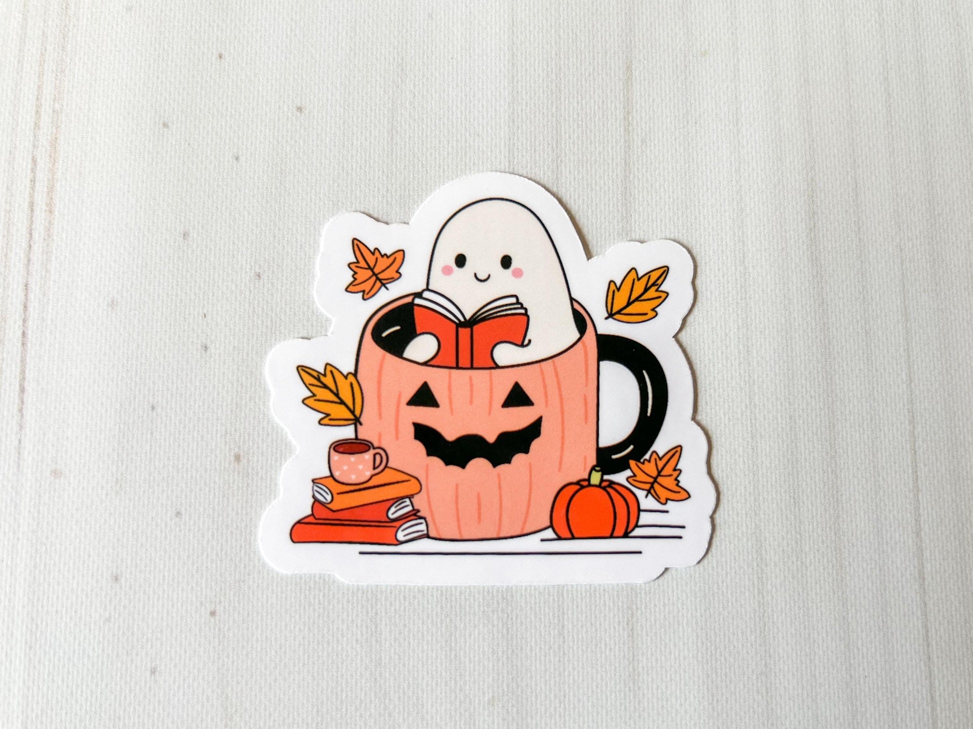 Ghost Reading in Pumpkin Coffee Mug Fall Cozy Vinyl Sticker