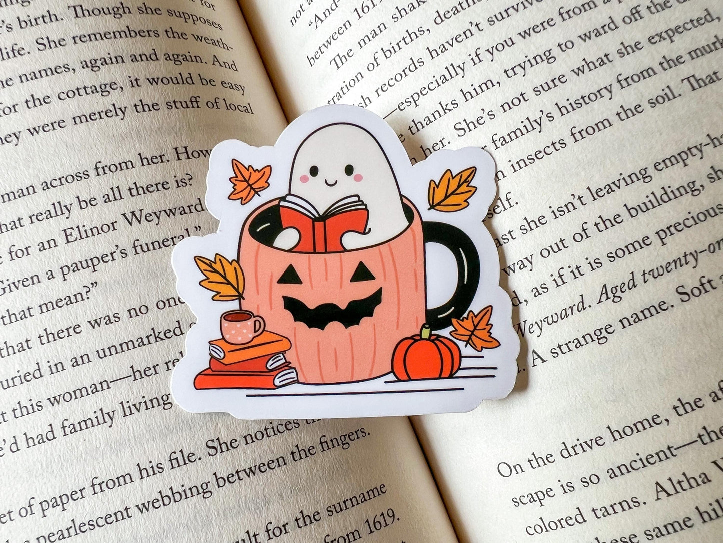 Ghost Reading in Pumpkin Coffee Mug Fall Cozy Vinyl Sticker