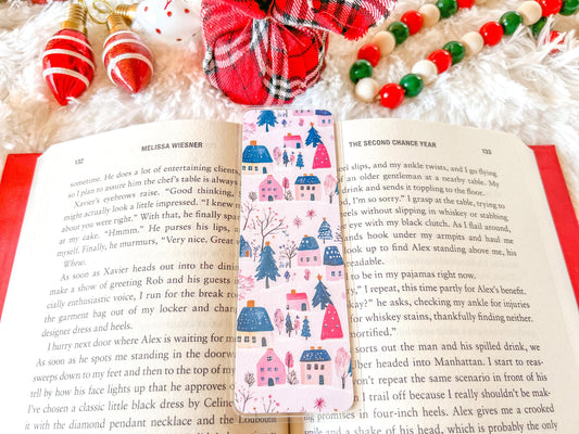 Pink Christmas Village | Christmas Bookmark | Winter Bookmark | Gift for Reader | Stocking Stuffer