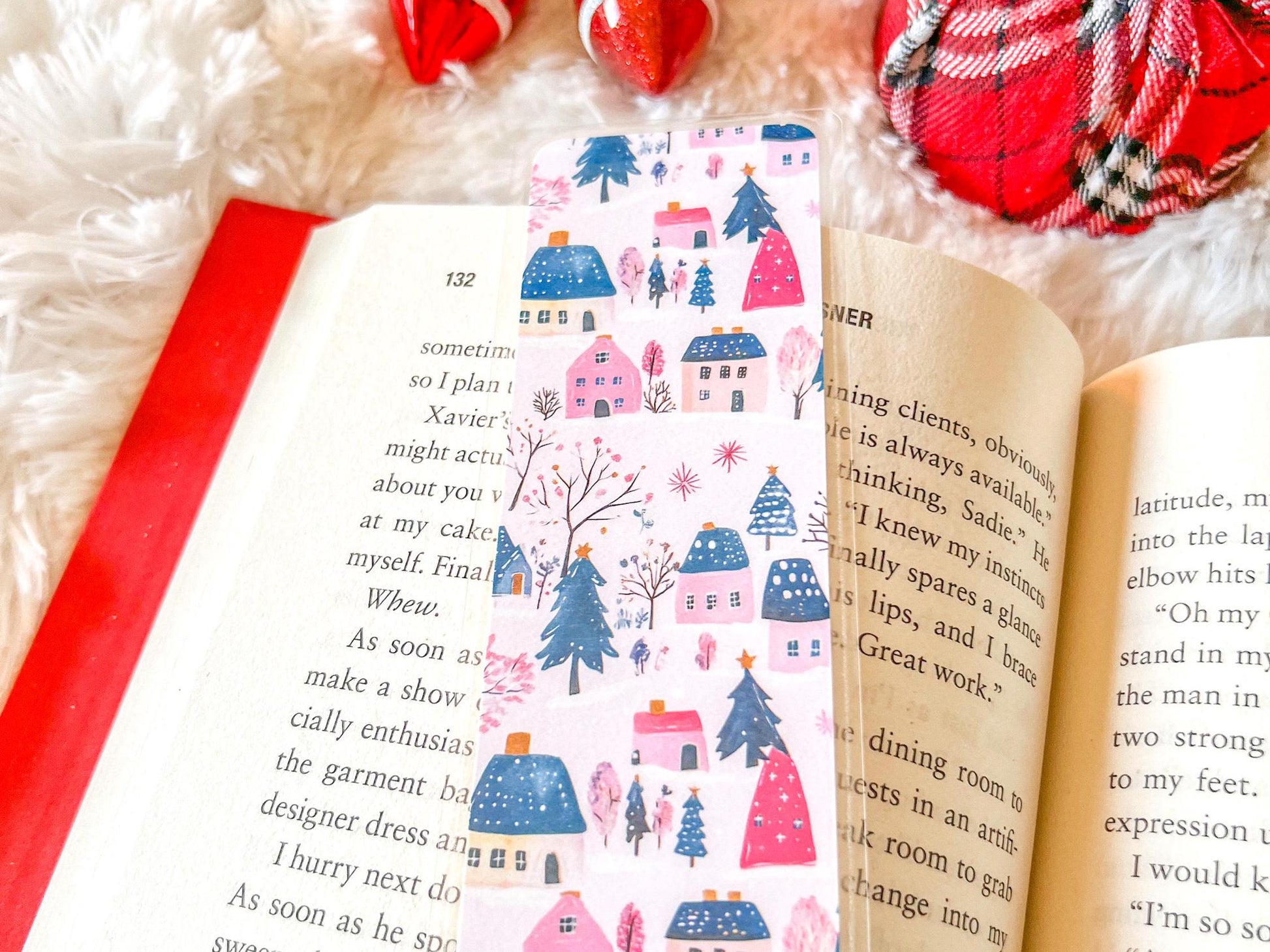 Pink Christmas Village | Christmas Bookmark | Winter Bookmark | Gift for Reader | Stocking Stuffer