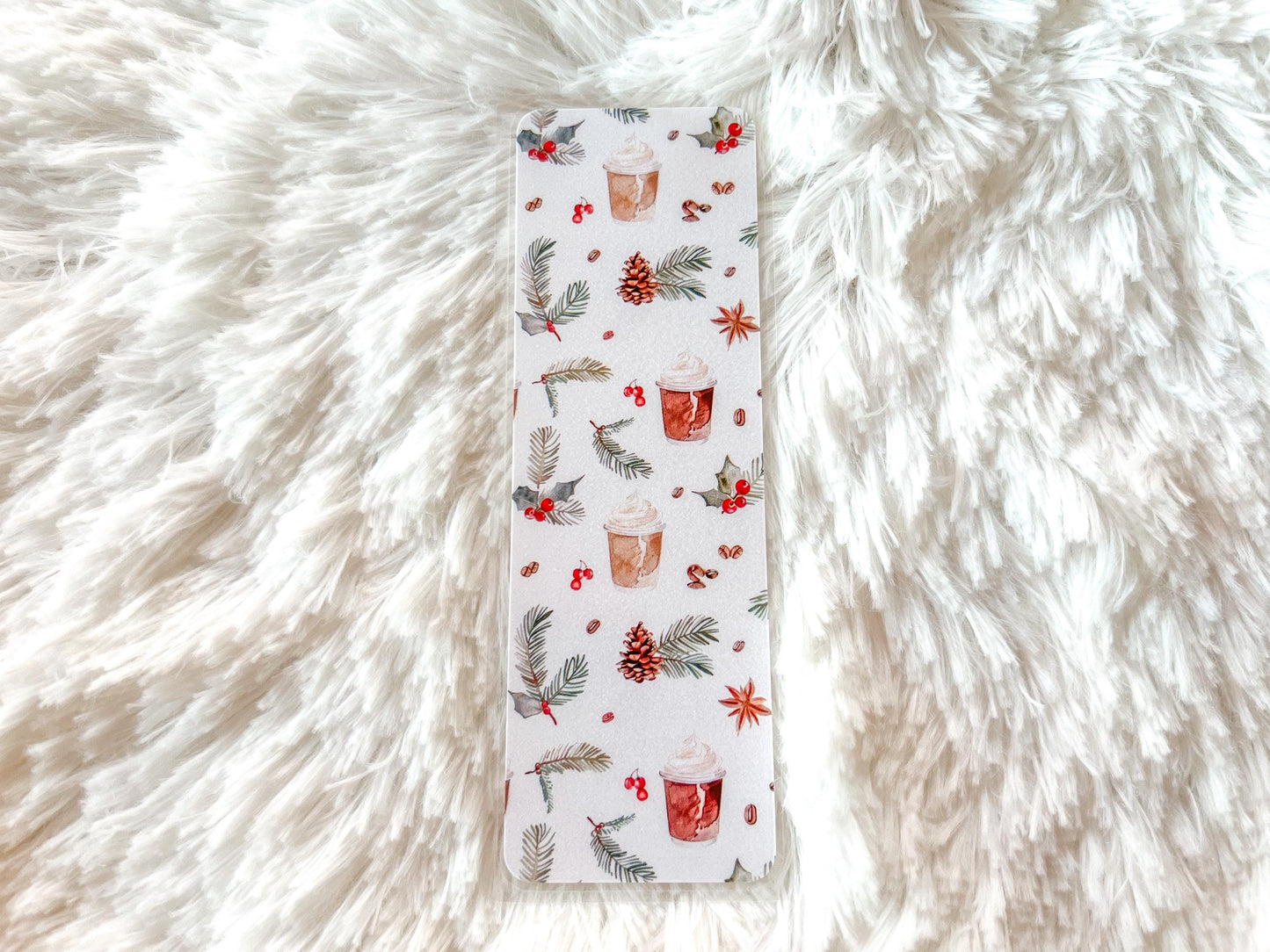 Christmas Coffee Bookmark | Christmas Bookmark | Winter Bookmark | Gift for Reader | Pine Cones & Holly Bookmark