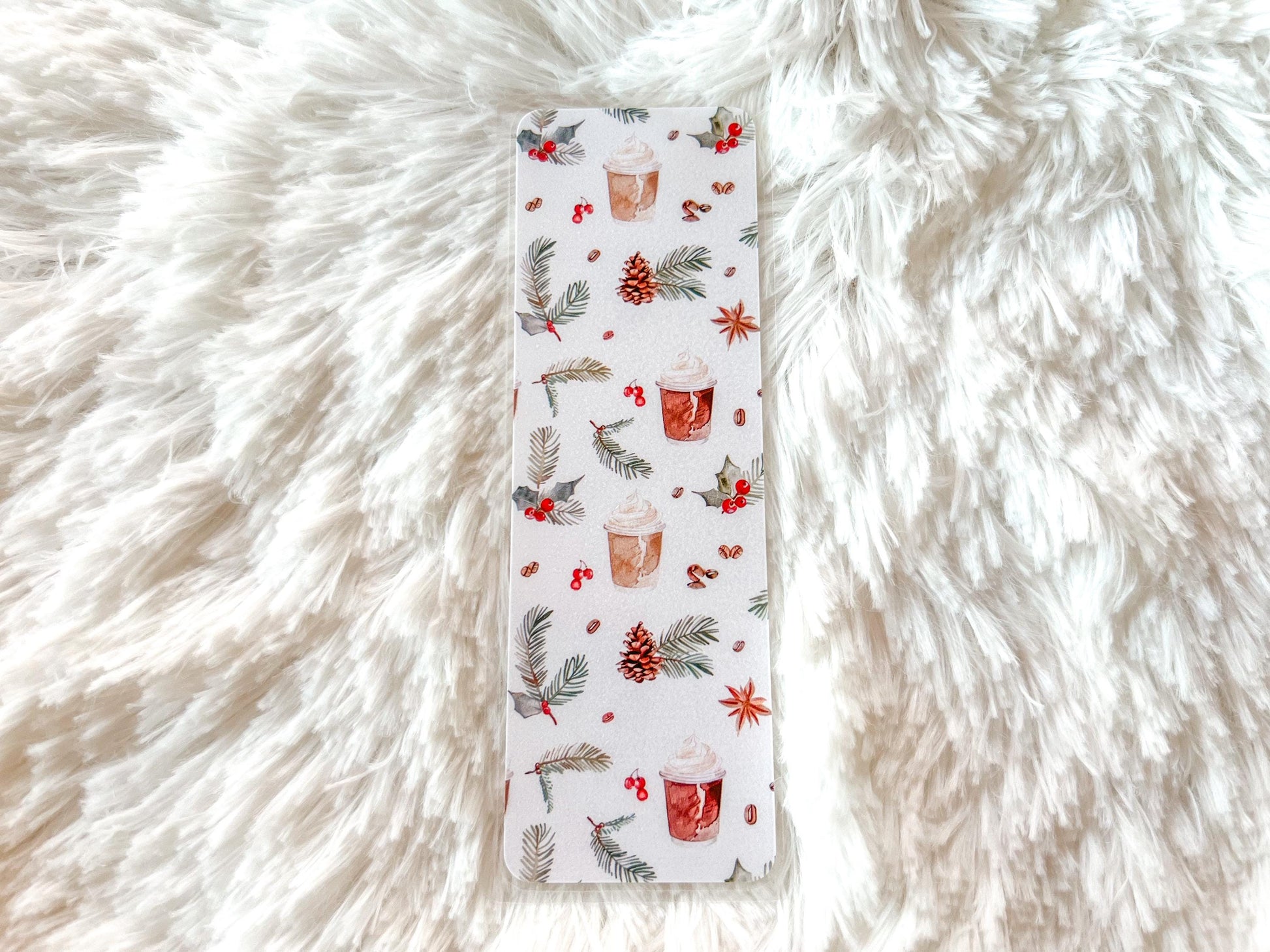 Christmas Coffee Bookmark | Christmas Bookmark | Winter Bookmark | Gift for Reader | Pine Cones & Holly Bookmark
