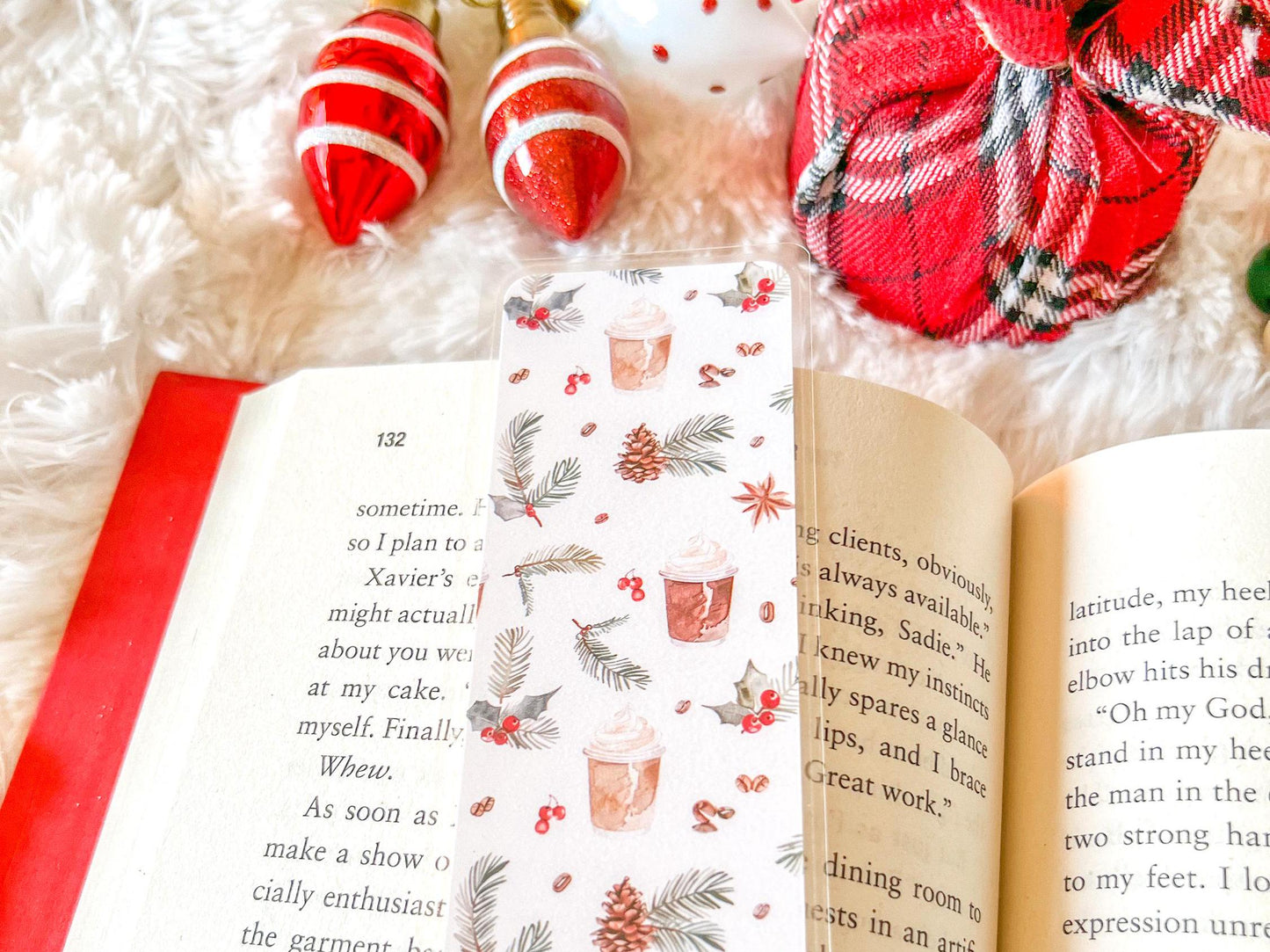 Christmas Coffee Bookmark | Christmas Bookmark | Winter Bookmark | Gift for Reader | Pine Cones & Holly Bookmark
