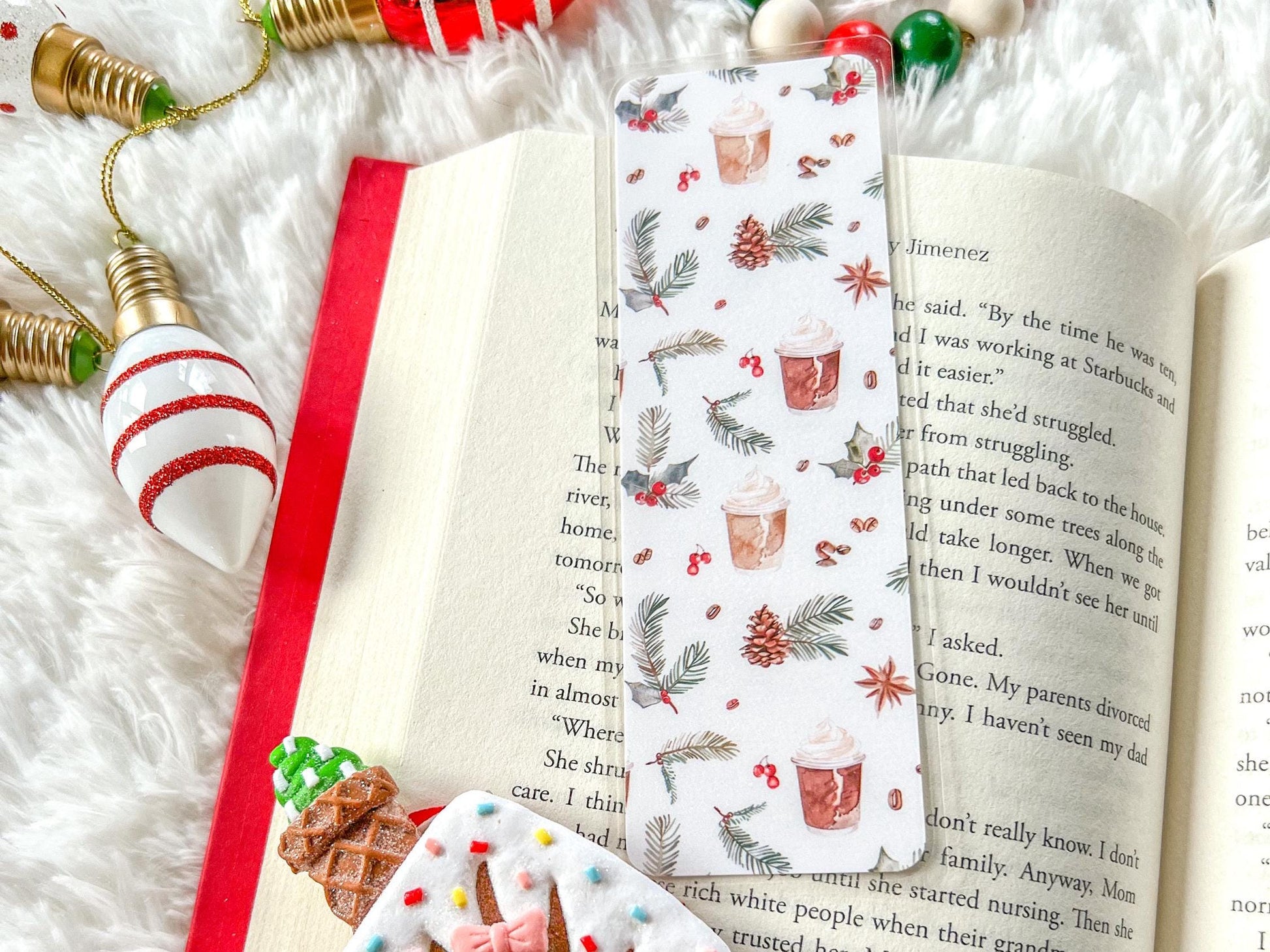 Christmas Coffee Bookmark | Christmas Bookmark | Winter Bookmark | Gift for Reader | Pine Cones & Holly Bookmark