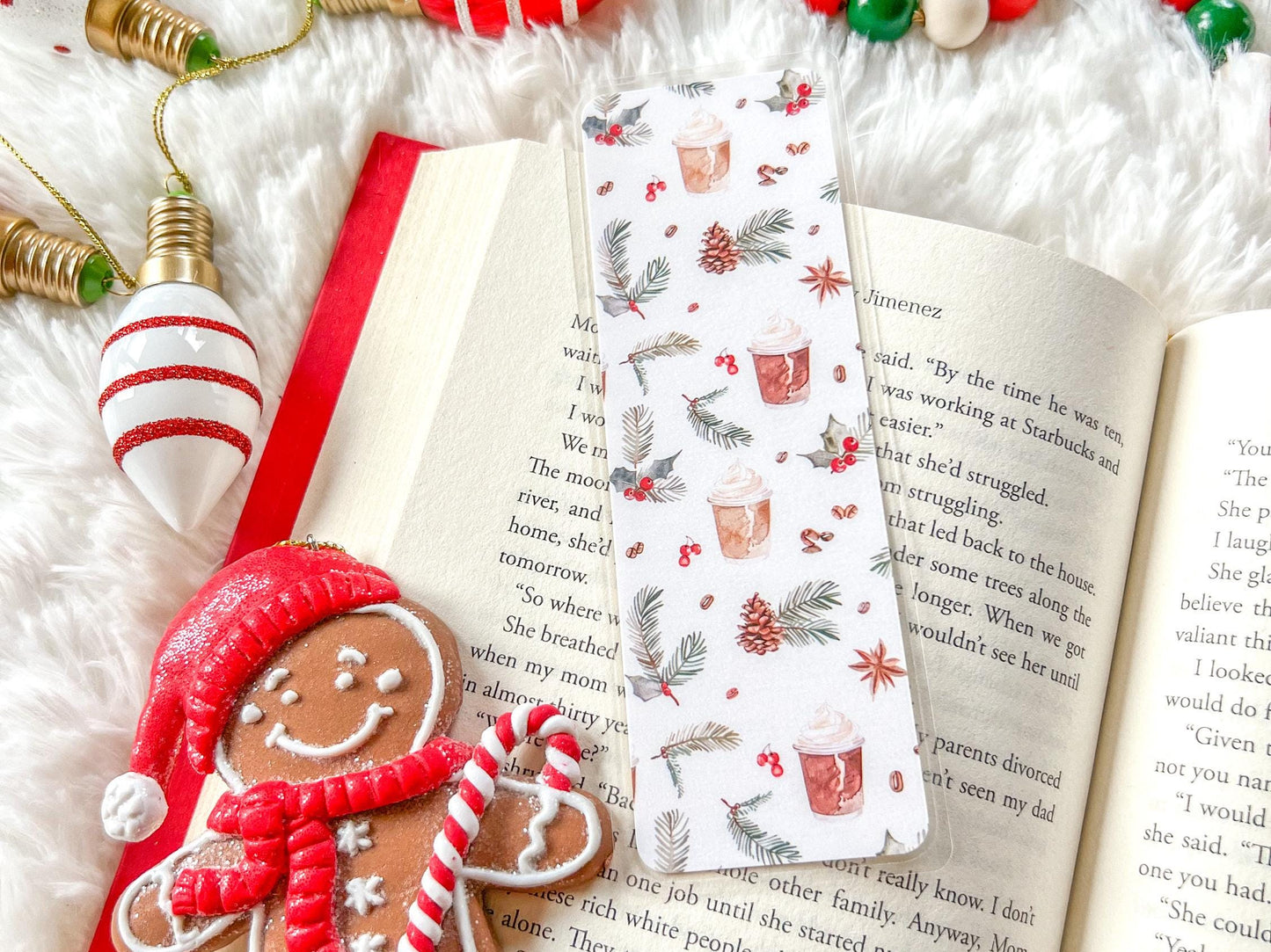 Christmas Coffee Bookmark | Christmas Bookmark | Winter Bookmark | Gift for Reader | Pine Cones & Holly Bookmark