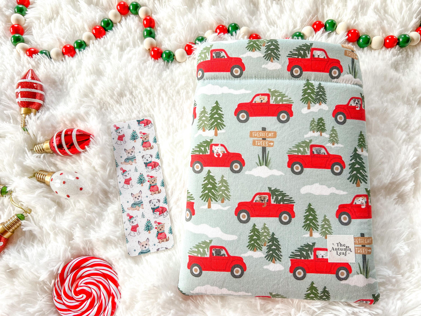 Dogs in Red Trucks Christmas Tree Farm Book Cozy | Christmas Book Cover | Christmas Book Protector | Dog Book Cover | Cozy Book Cover