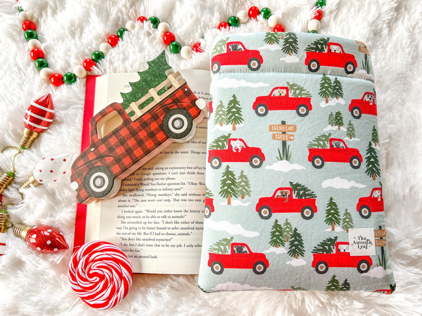 Dogs in Red Trucks Christmas Tree Farm Book Cozy | Christmas Book Cover | Christmas Book Protector | Dog Book Cover | Cozy Book Cover