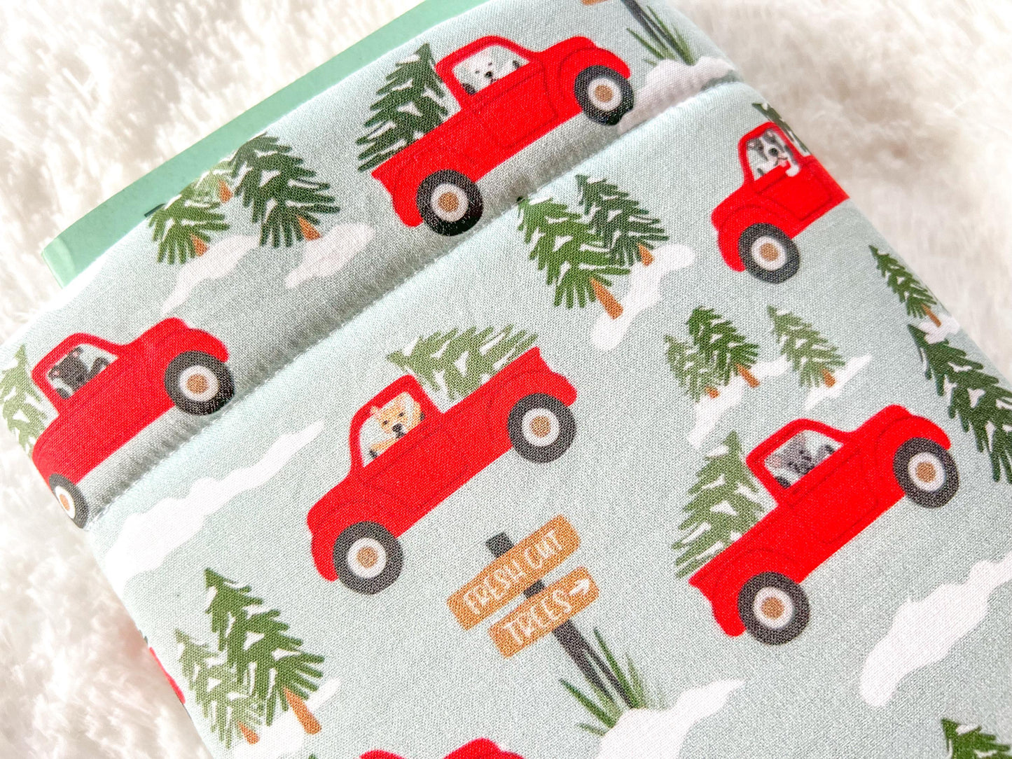 Dogs in Red Trucks Christmas Tree Farm Book Cozy | Christmas Book Cover | Christmas Book Protector | Dog Book Cover | Cozy Book Cover