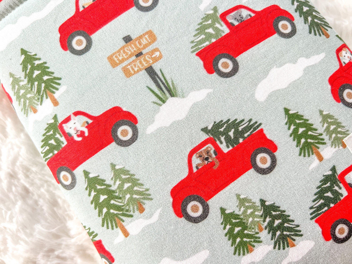 Dogs in Red Trucks Christmas Tree Farm Book Cozy | Christmas Book Cover | Christmas Book Protector | Dog Book Cover | Cozy Book Cover