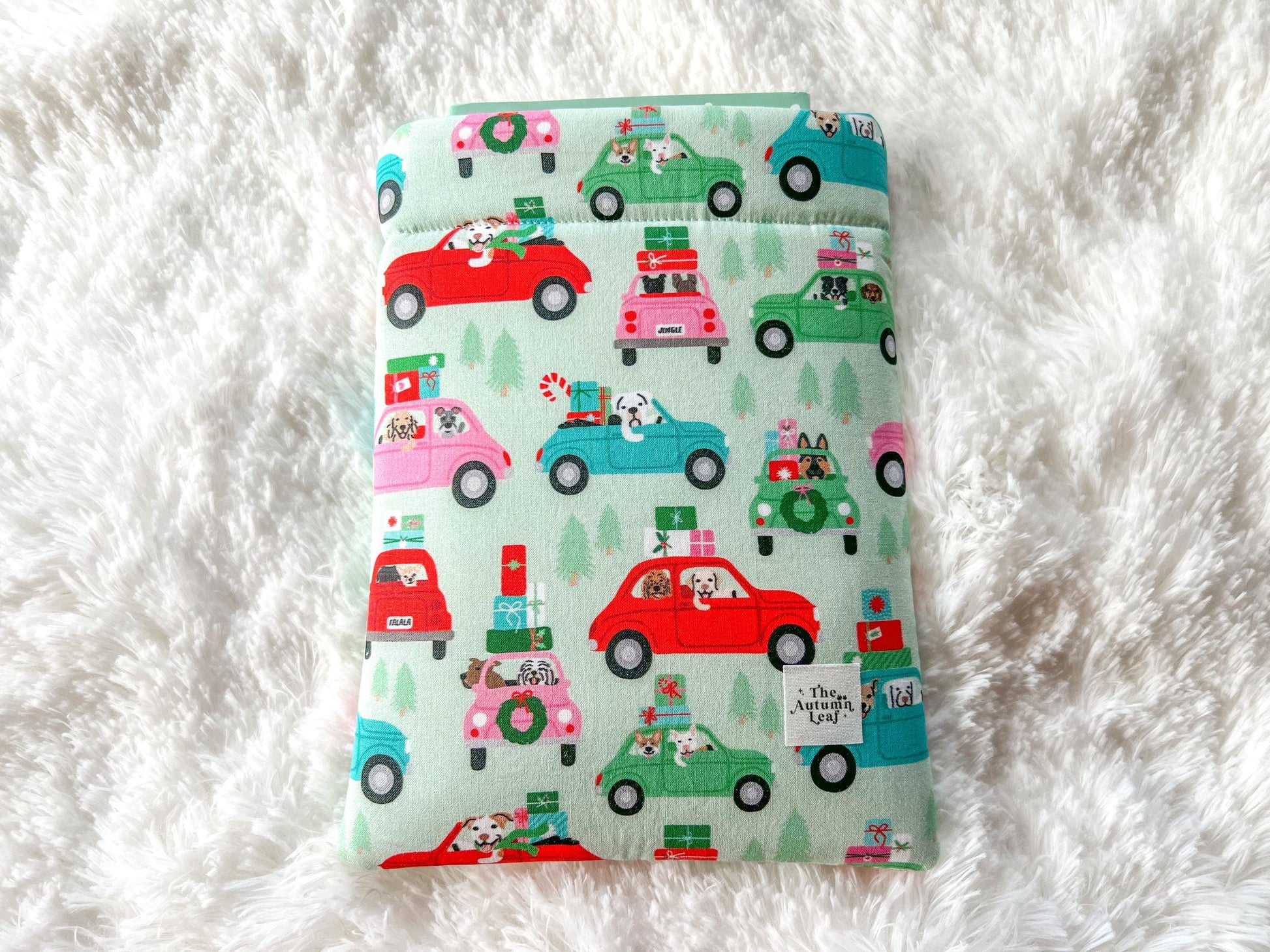 Dogs in Red Cars Christmas Shopping Book Cozy | Christmas Book Cover | Christmas Book Protector | Dog Book Cover | Cozy Book Cover