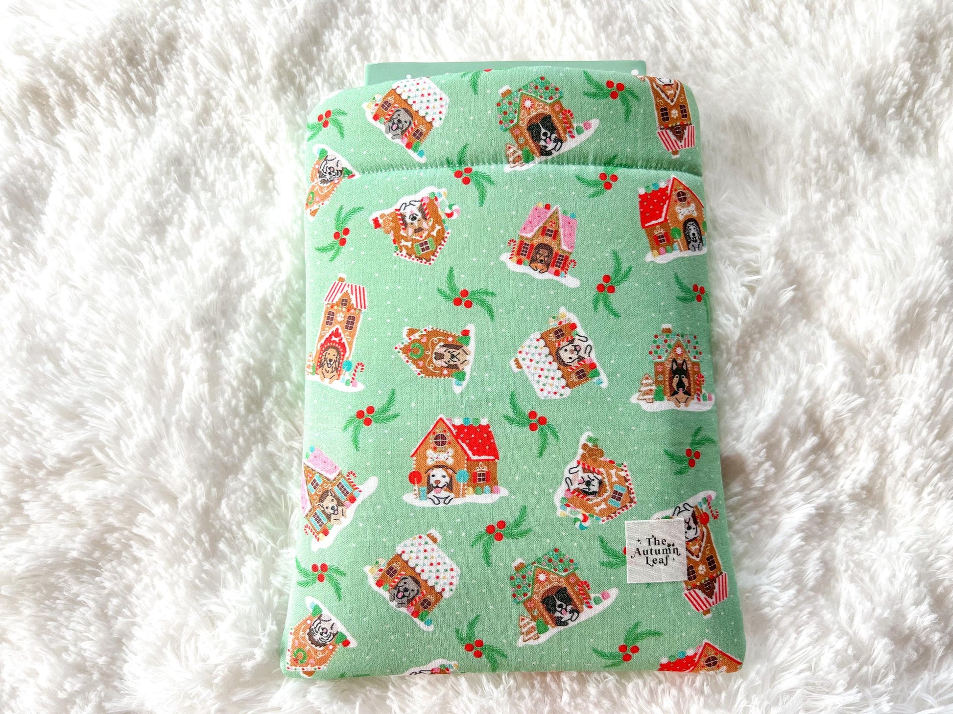 Gingerbread Dog Houses Dogs Christmas Book Cozy | Christmas Book Cover | Christmas Book Protector | Dog Book Cover | Cozy Book Cover