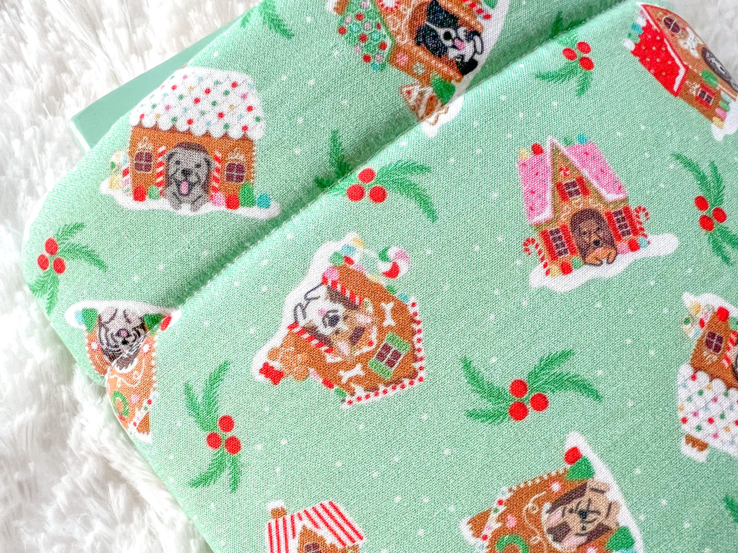 Gingerbread Dog Houses Dogs Christmas Book Cozy | Christmas Book Cover | Christmas Book Protector | Dog Book Cover | Cozy Book Cover
