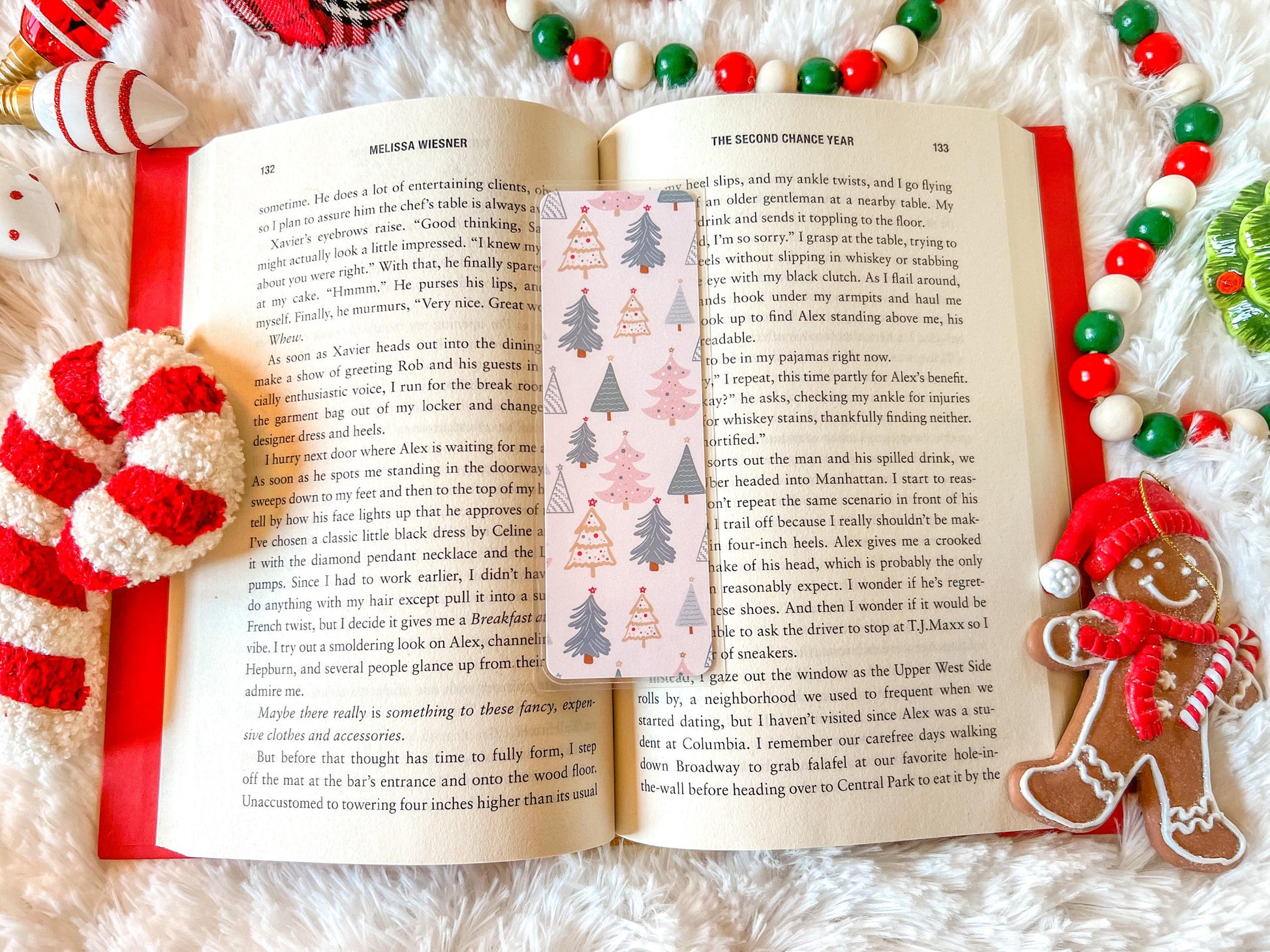 Pink & Gold Christmas Trees Bookmark | Snow Bookmark | Holiday Bookmark | Bookworm Gift | Gift for Reader | Winter Bookmark