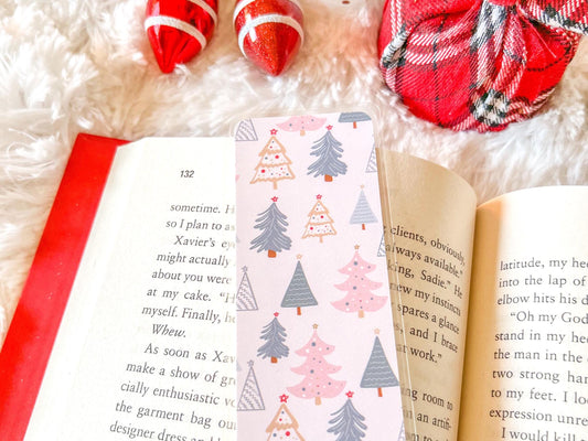 Pink & Gold Christmas Trees Bookmark | Snow Bookmark | Holiday Bookmark | Bookworm Gift | Gift for Reader | Winter Bookmark