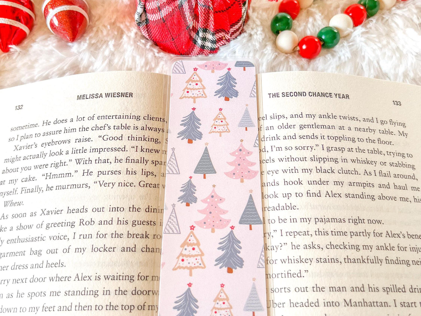 Pink & Gold Christmas Trees Bookmark | Snow Bookmark | Holiday Bookmark | Bookworm Gift | Gift for Reader | Winter Bookmark