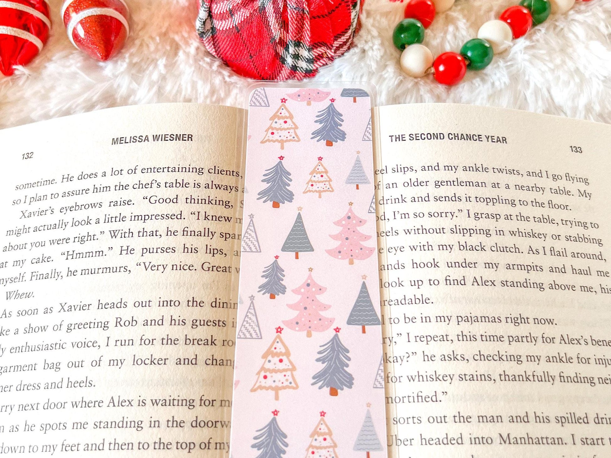 Pink & Gold Christmas Trees Bookmark | Snow Bookmark | Holiday Bookmark | Bookworm Gift | Gift for Reader | Winter Bookmark