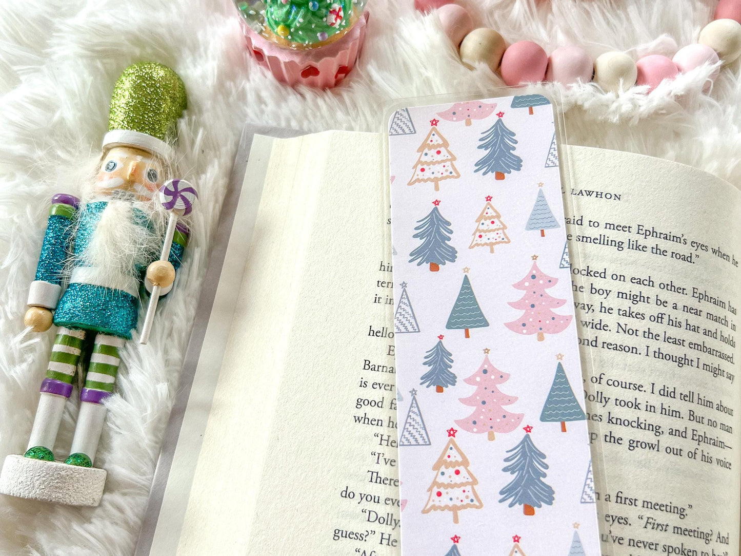 Pink & Gold Christmas Trees Bookmark | Snow Bookmark | Holiday Bookmark | Bookworm Gift | Gift for Reader | Winter Bookmark