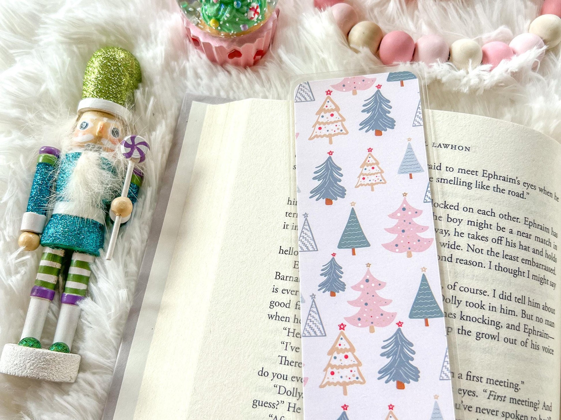 Pink & Gold Christmas Trees Bookmark | Snow Bookmark | Holiday Bookmark | Bookworm Gift | Gift for Reader | Winter Bookmark