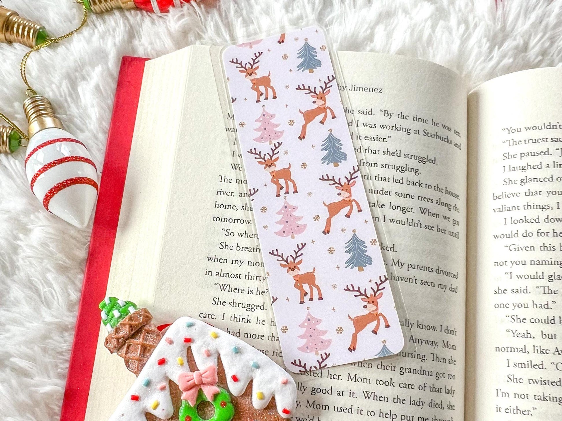 Pink Christmas Reindeer Bookmark | Christmas Bookmark | Snow Bookmark | Holiday Bookmark | Bookworm Gift | Gift for Reader | Winter Bookmark
