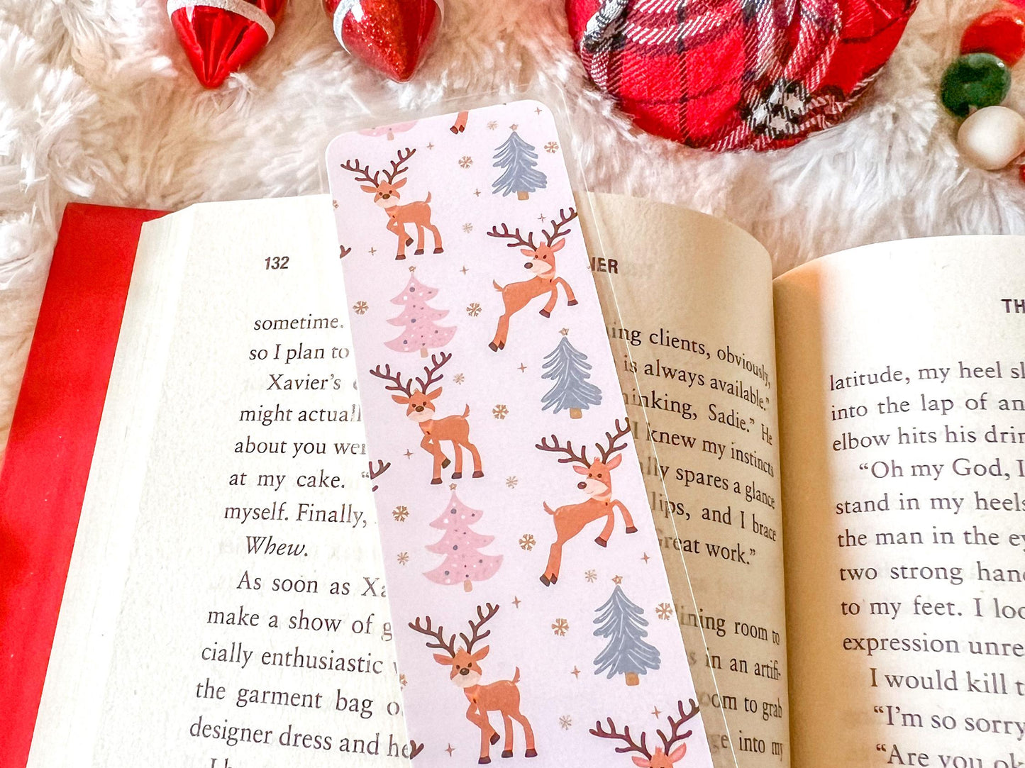 Pink Christmas Reindeer Bookmark | Christmas Bookmark | Snow Bookmark | Holiday Bookmark | Bookworm Gift | Gift for Reader | Winter Bookmark