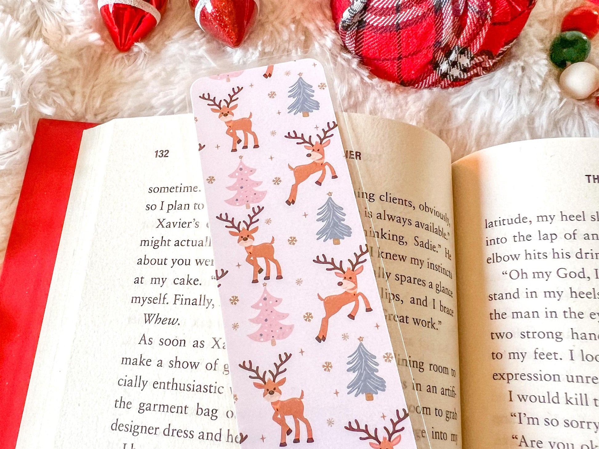 Pink Christmas Reindeer Bookmark | Christmas Bookmark | Snow Bookmark | Holiday Bookmark | Bookworm Gift | Gift for Reader | Winter Bookmark