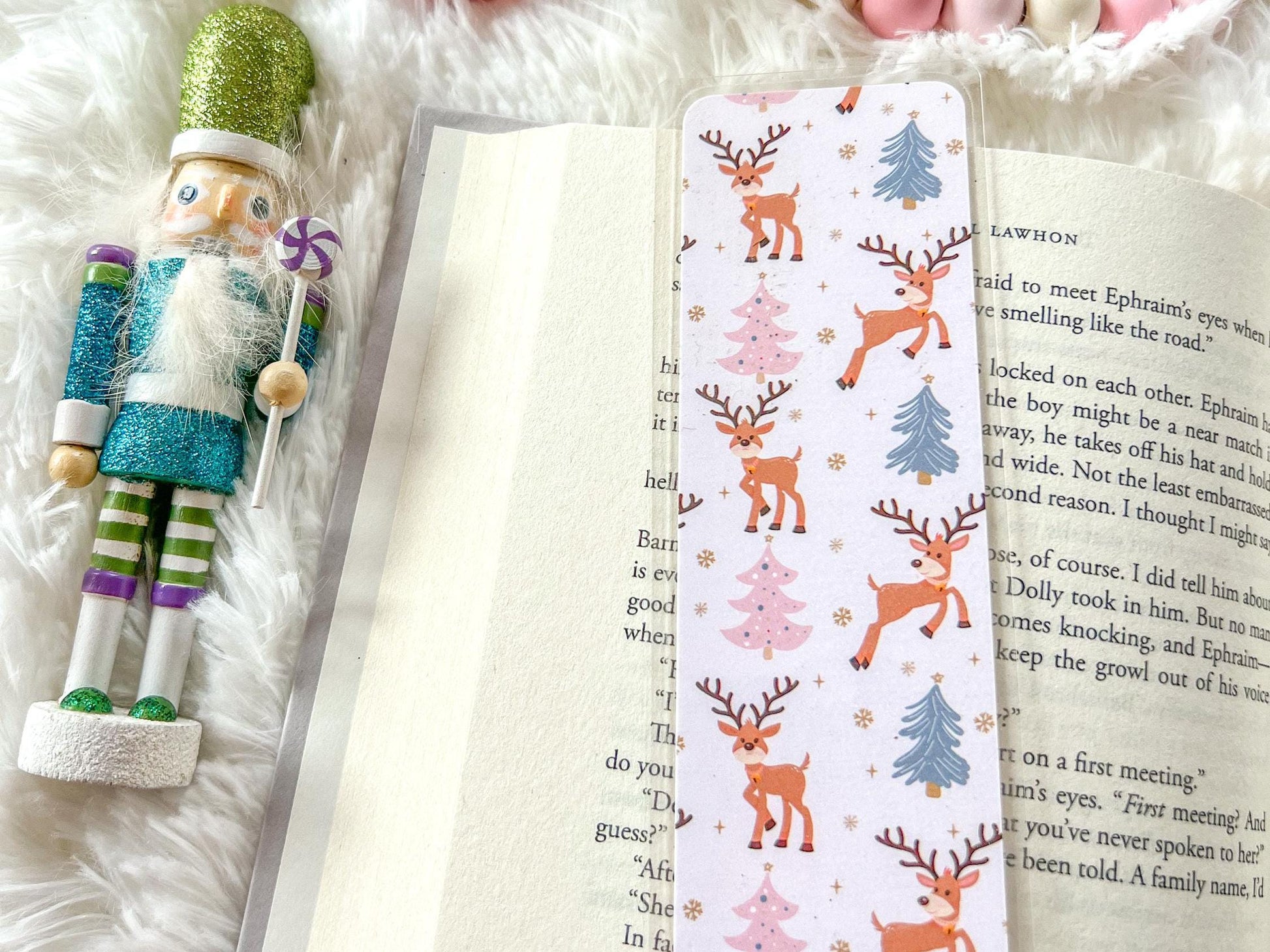 Pink Christmas Reindeer Bookmark | Christmas Bookmark | Snow Bookmark | Holiday Bookmark | Bookworm Gift | Gift for Reader | Winter Bookmark