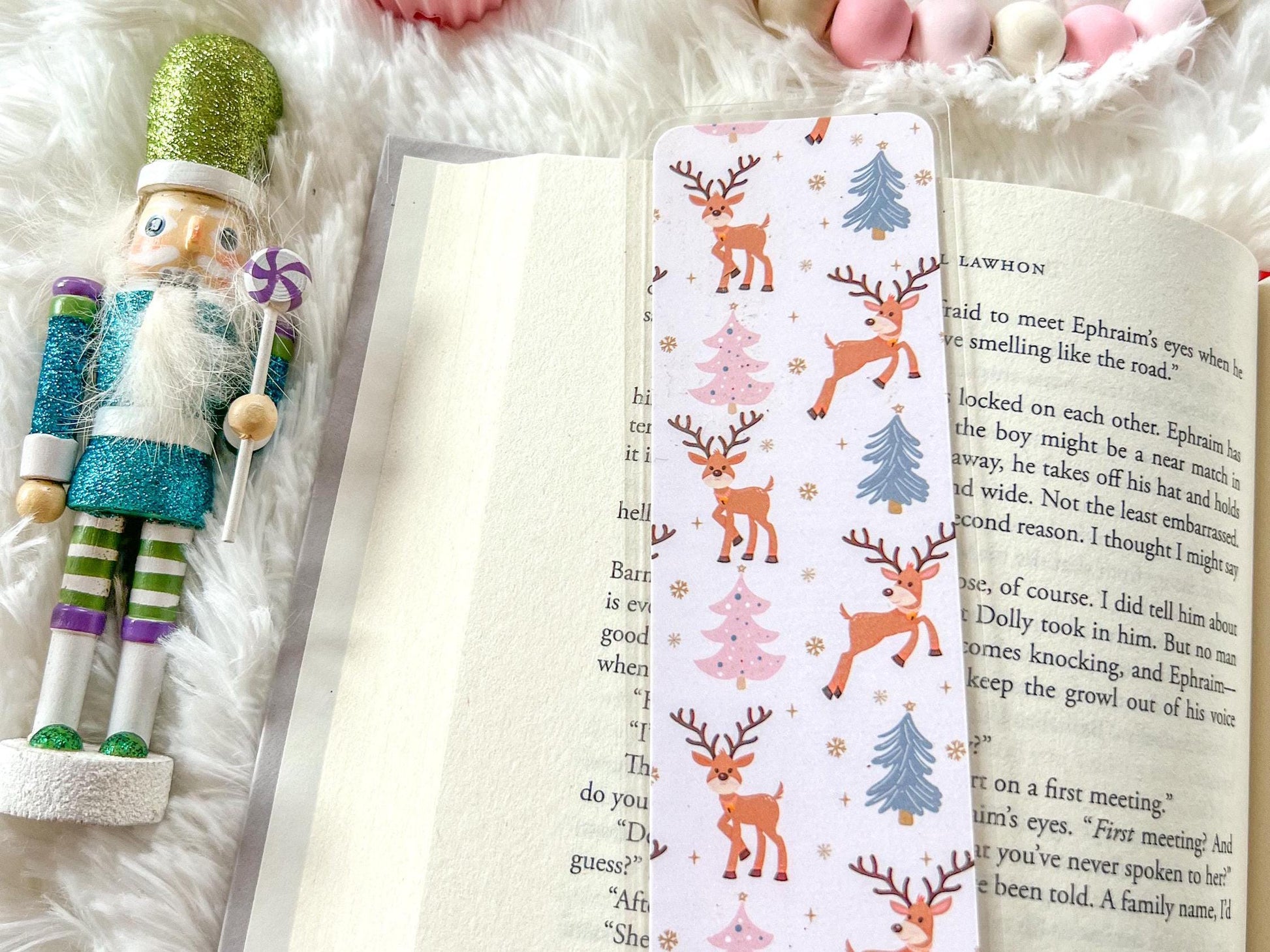 Pink Christmas Reindeer Bookmark | Christmas Bookmark | Snow Bookmark | Holiday Bookmark | Bookworm Gift | Gift for Reader | Winter Bookmark