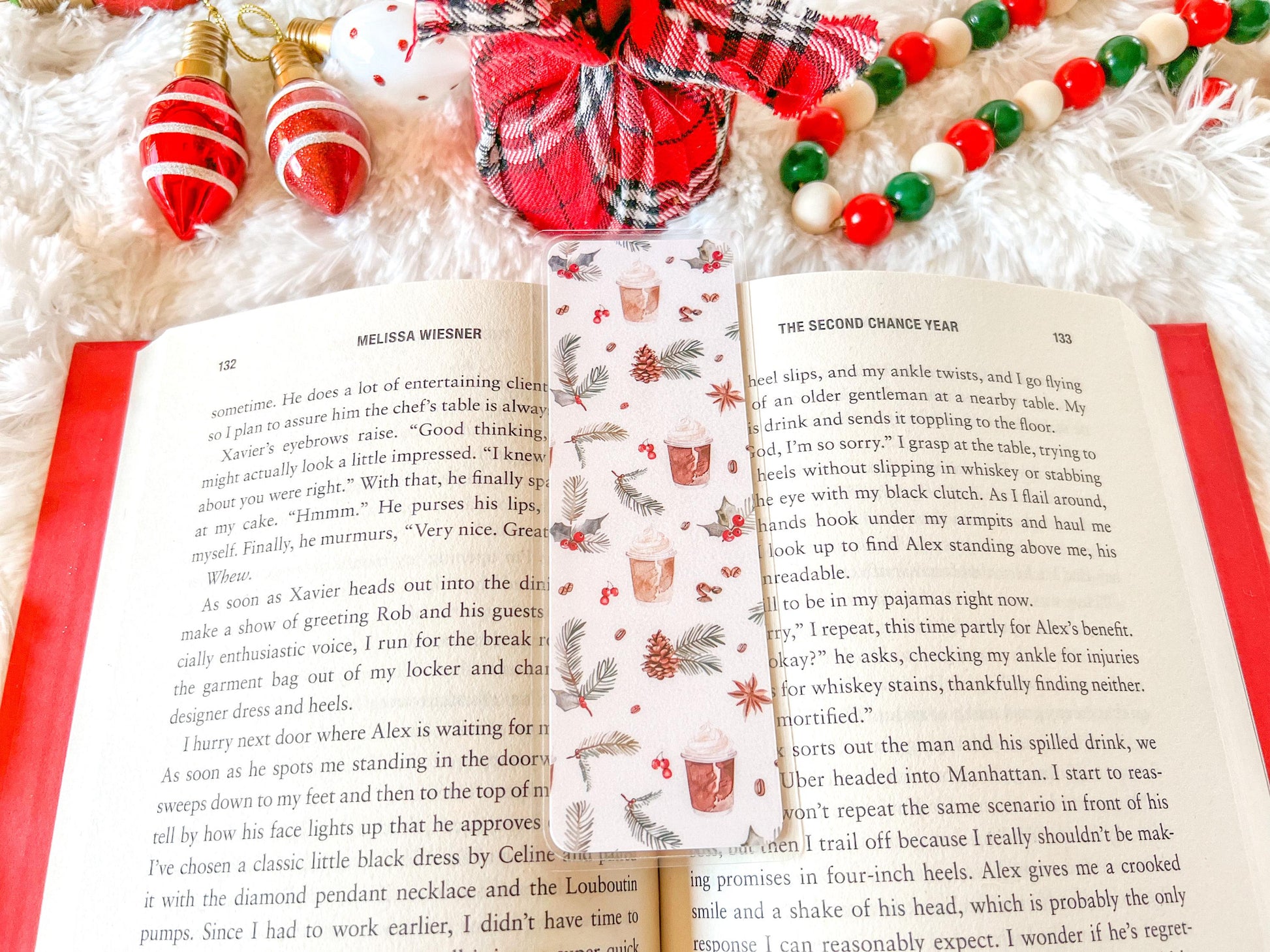 Christmas Coffee Bookmark | Christmas Bookmark | Winter Bookmark | Gift for Reader | Pine Cones & Holly Bookmark