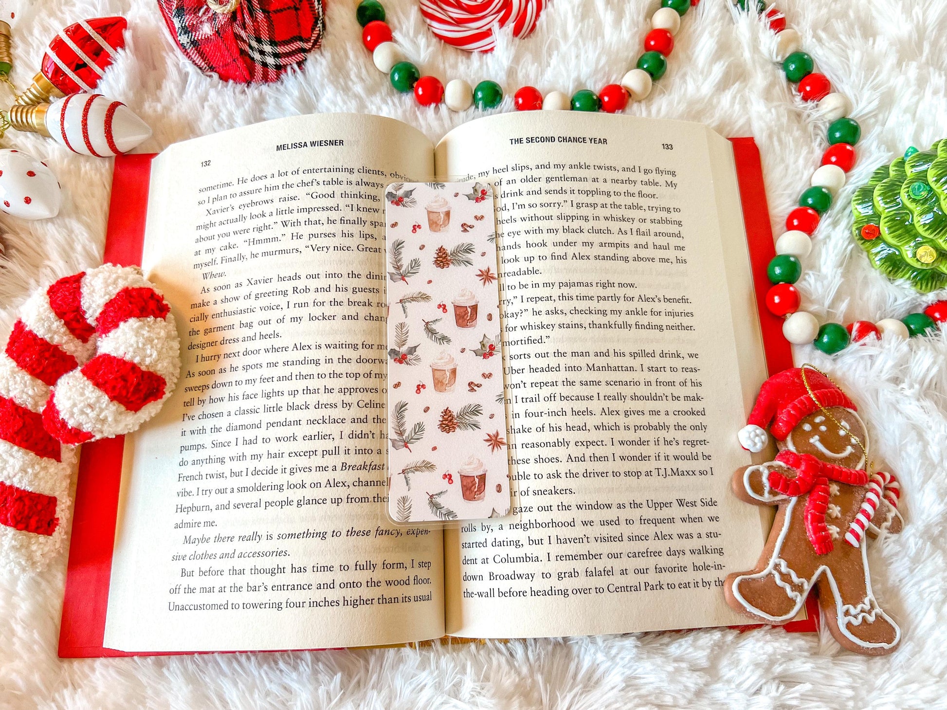 Christmas Coffee Bookmark | Christmas Bookmark | Winter Bookmark | Gift for Reader | Pine Cones & Holly Bookmark