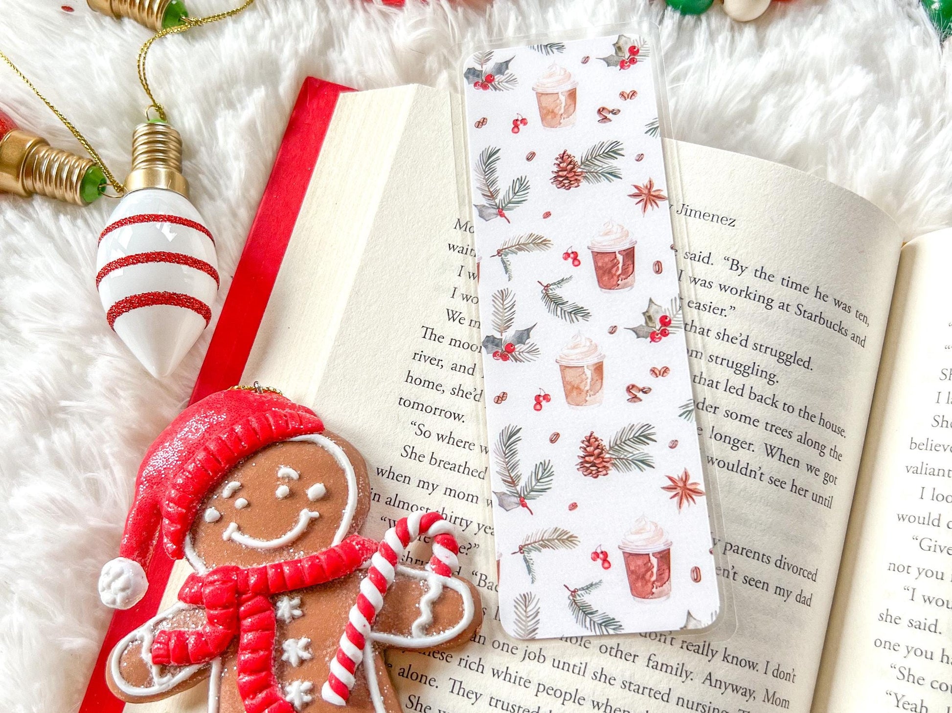 Christmas Coffee Bookmark | Christmas Bookmark | Winter Bookmark | Gift for Reader | Pine Cones & Holly Bookmark