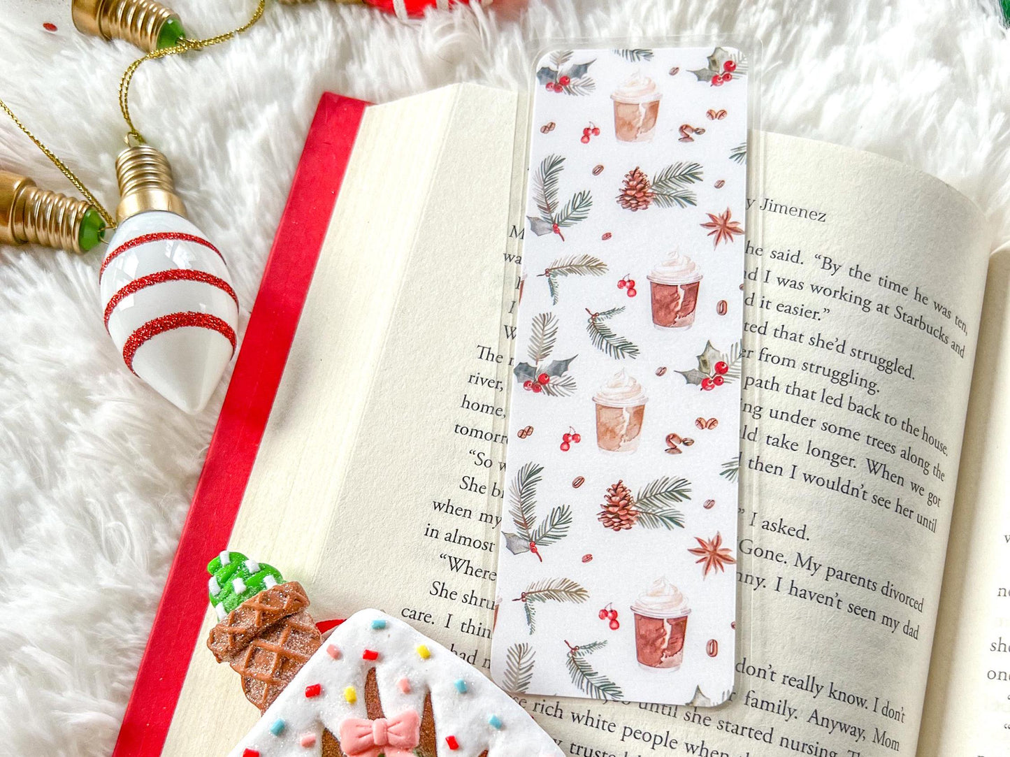 Christmas Coffee Bookmark | Christmas Bookmark | Winter Bookmark | Gift for Reader | Pine Cones & Holly Bookmark