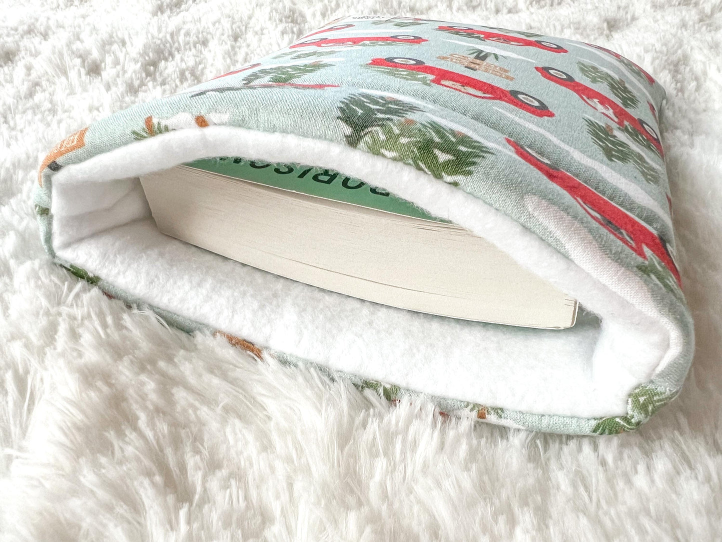 Dogs in Red Trucks Christmas Tree Farm Book Cozy | Christmas Book Cover | Christmas Book Protector | Dog Book Cover | Cozy Book Cover