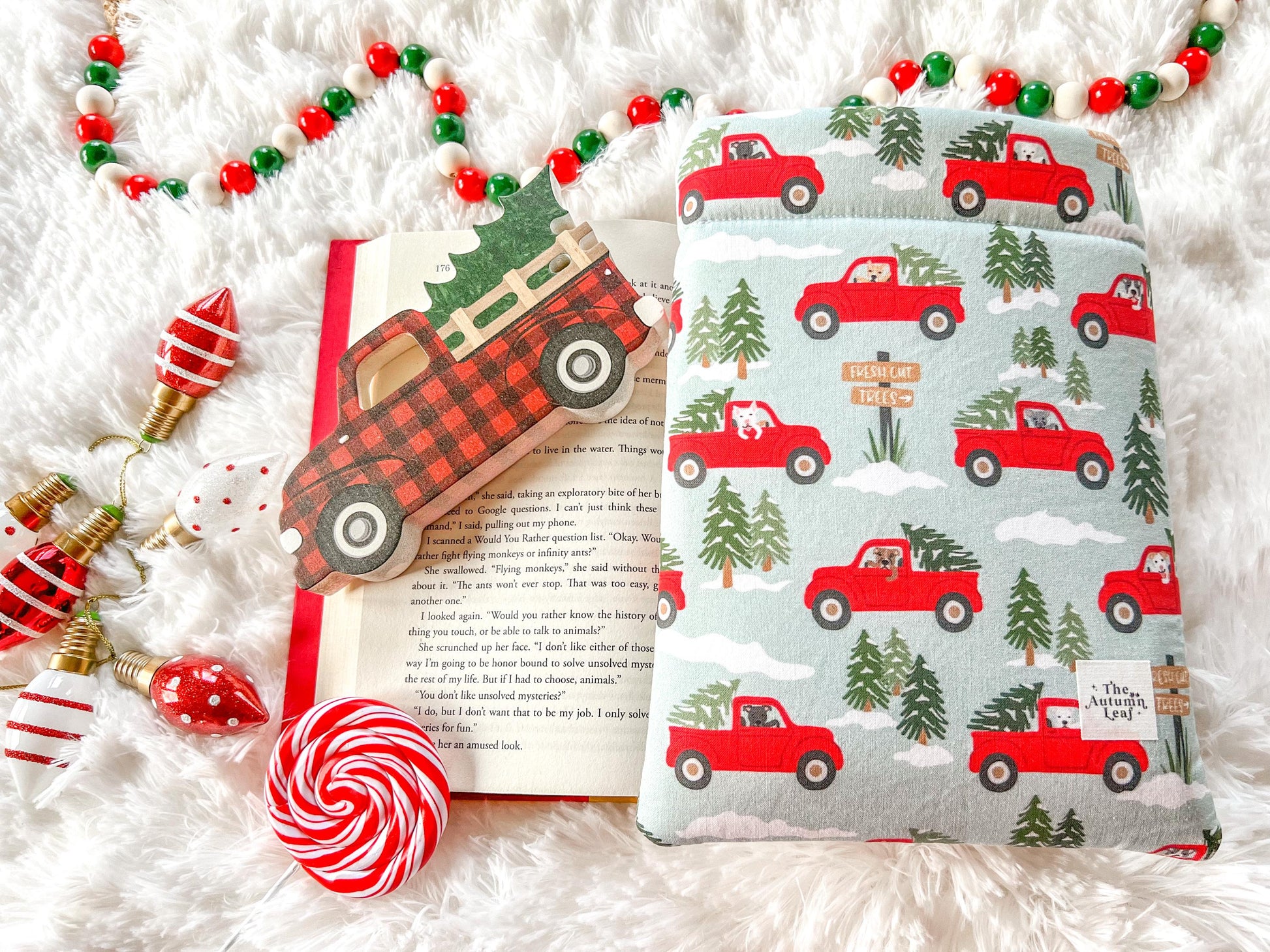 Dogs in Red Trucks Christmas Tree Farm Book Cozy | Christmas Book Cover | Christmas Book Protector | Dog Book Cover | Cozy Book Cover
